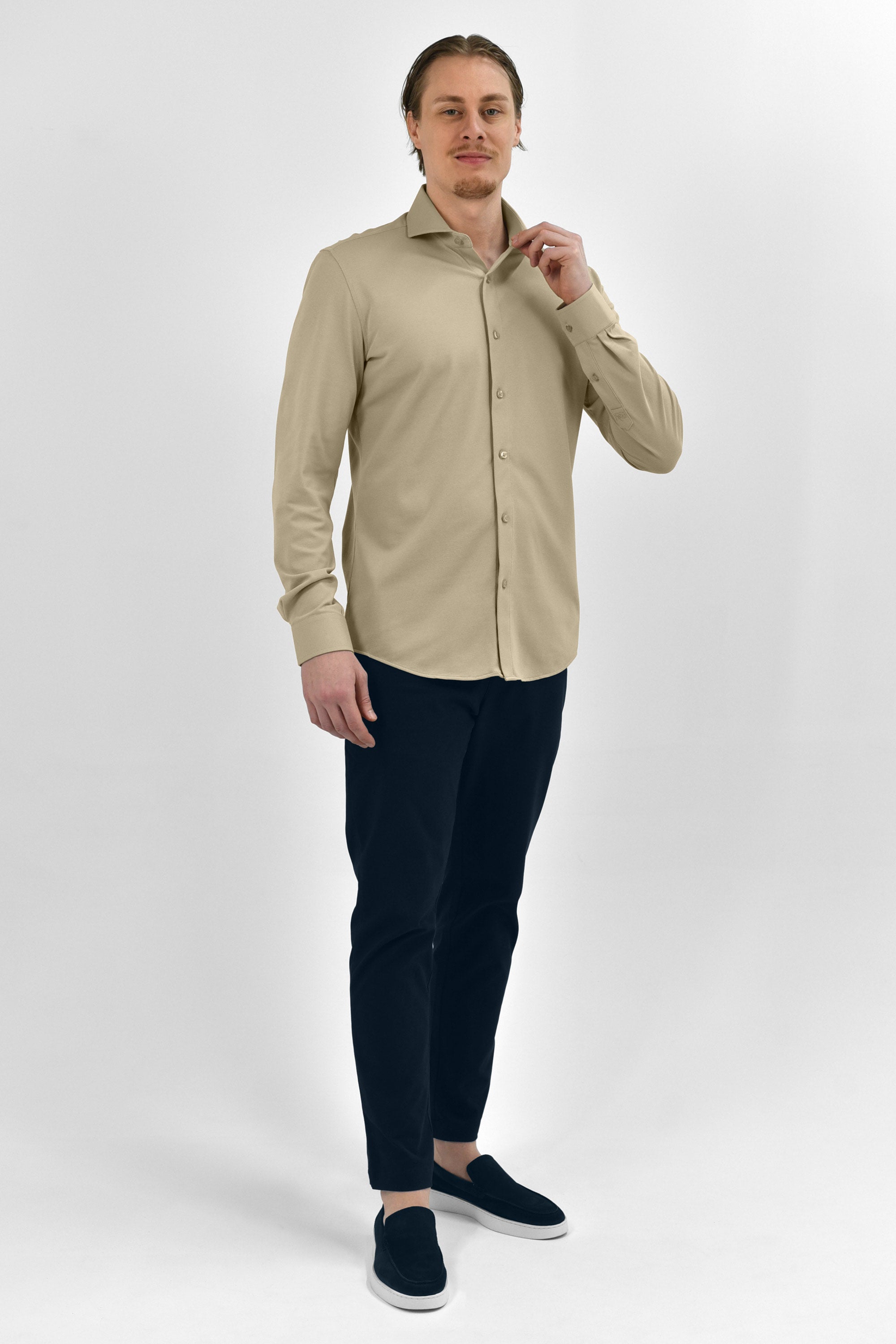 Strijkvrij Overhemd - Vercate - Japanese Knitted - Slim Fit - Beige - Heren Overhemden