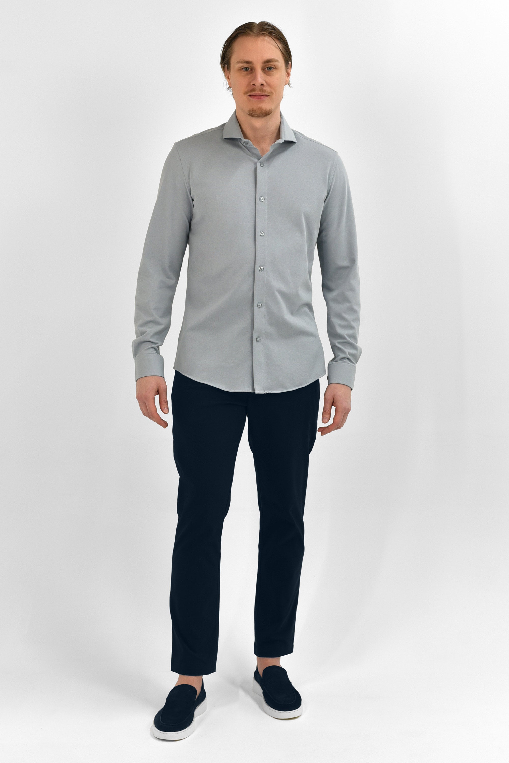 Strijkvrij Overhemd - Vercate - Japanese Knitted - Slim Fit - Lichtgrijs / Grijs - Heren Overhemden
