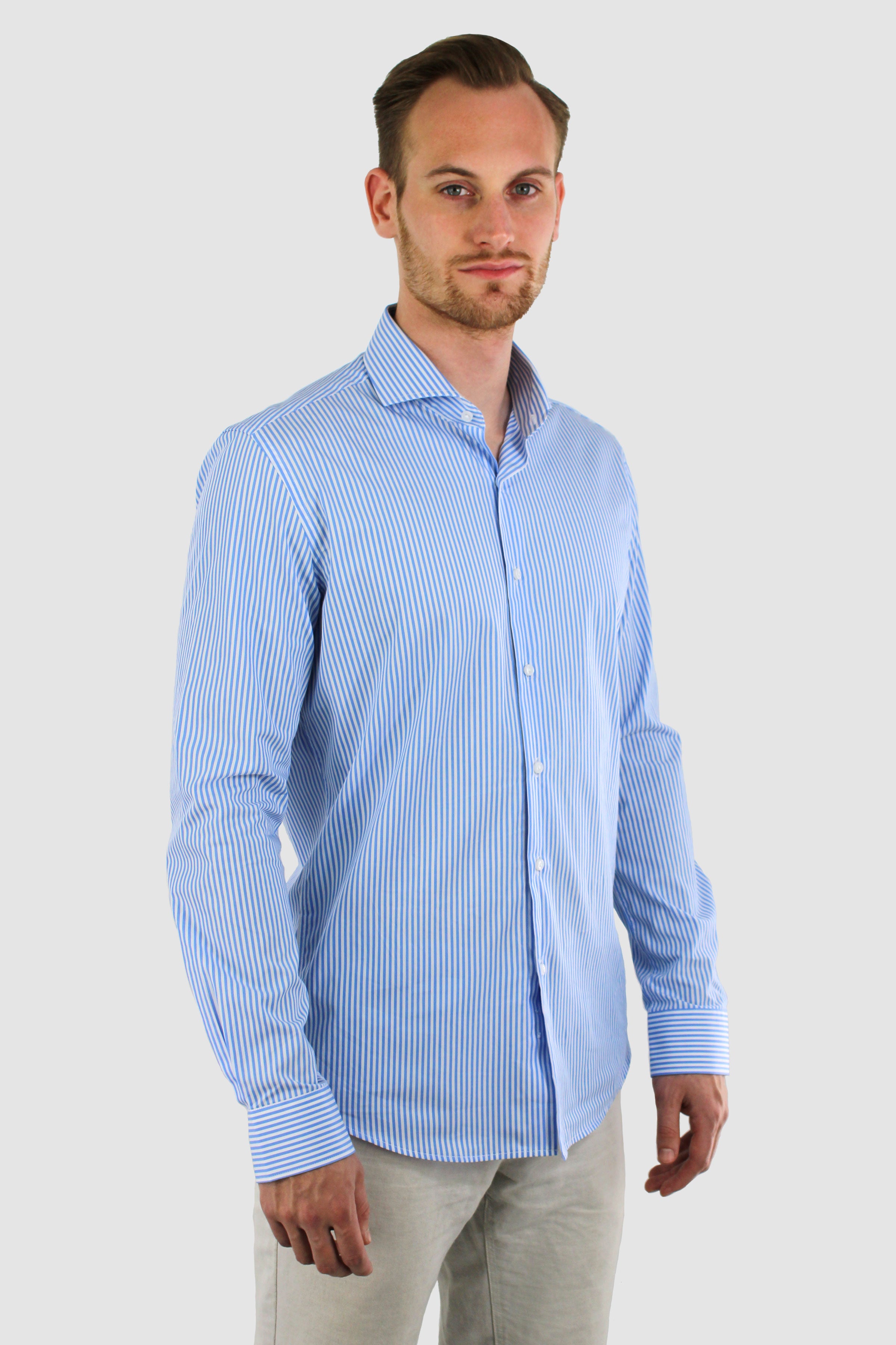 Vercate - Strijkvrij Overhemd - Blauw Wit - Lichtblauw gestreept - Slim Fit - Poplin Katoen - Lange Mouw - Heren - Maat 37 38 39 40 41 42 43 44 45 46 / S M L XL XXL