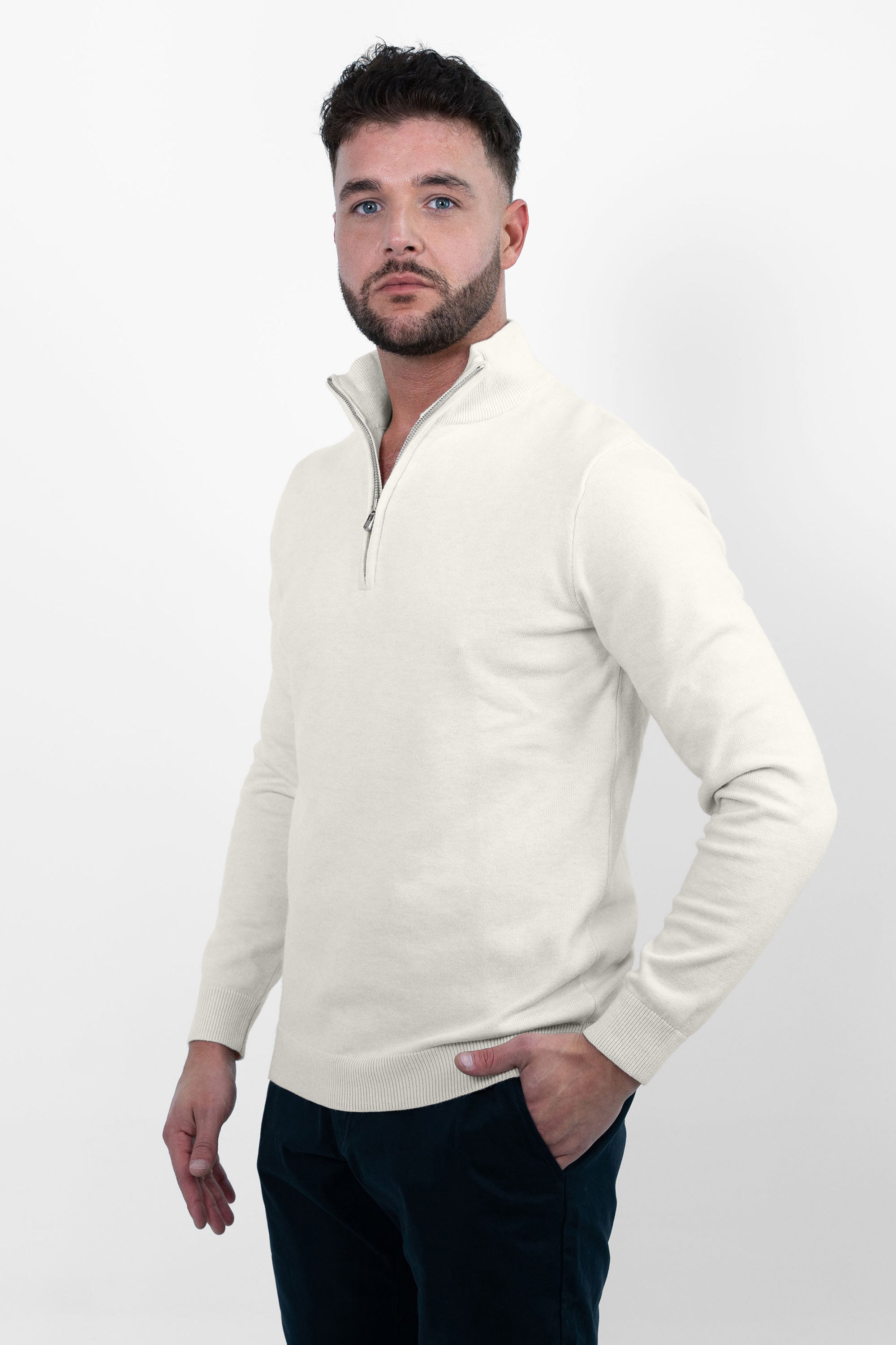 Vercate - Luxe Half Zip / Quarter Zip Pullover - Off White / Gebroken Wit - Regular Fit - Knit Heren Sweater / Trui Knitted / Knitwear