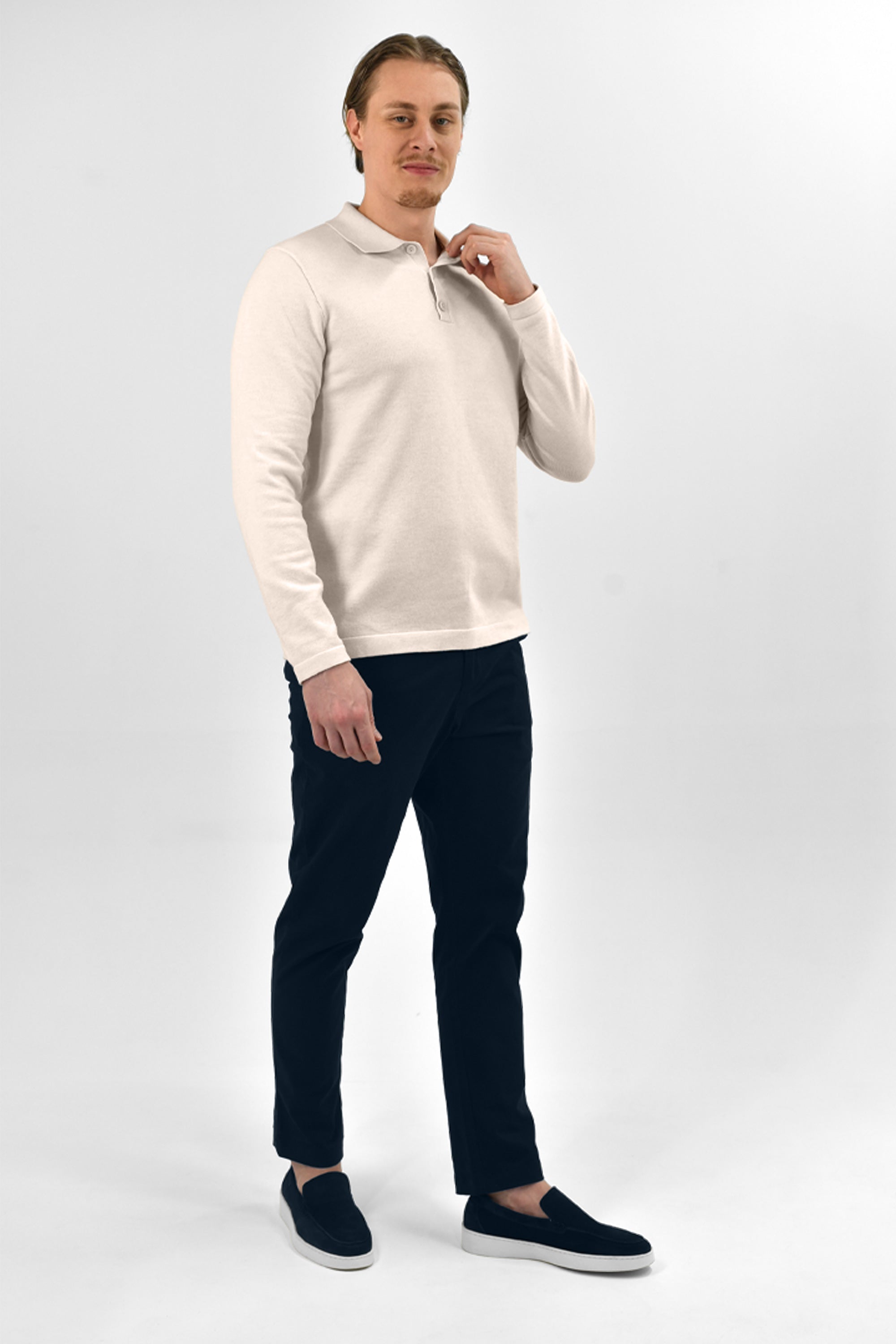 Vercate - Luxe Heren Poloshirt - Polo Met Lange Mouwen - Off White / Gebroken Wit - Regular Fit - Knit Knitted
