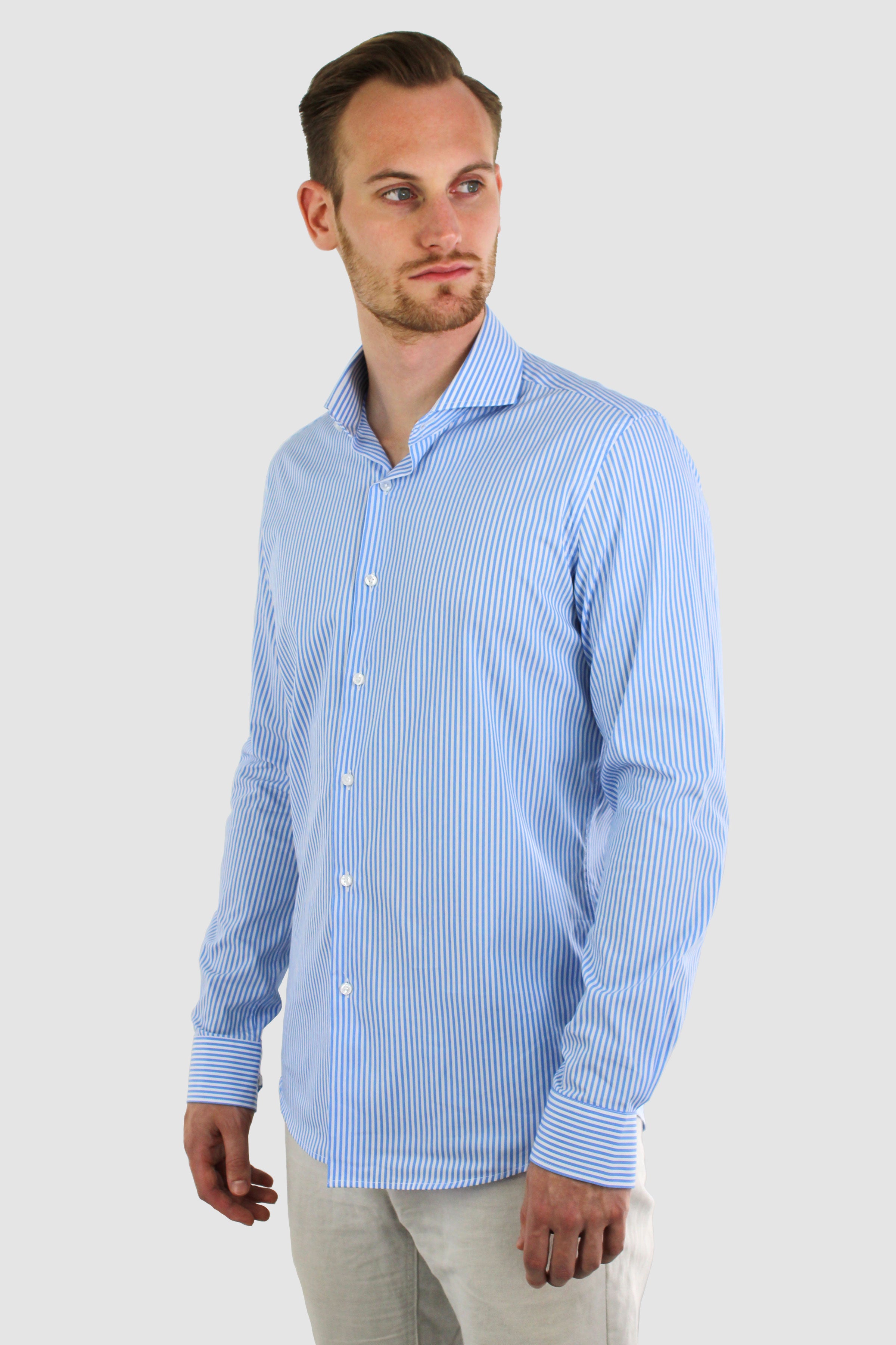 Vercate - Strijkvrij Overhemd - Blauw Wit - Lichtblauw gestreept - Slim Fit - Poplin Katoen - Lange Mouw - Heren - Maat 37 38 39 40 41 42 43 44 45 46 / S M L XL XXL