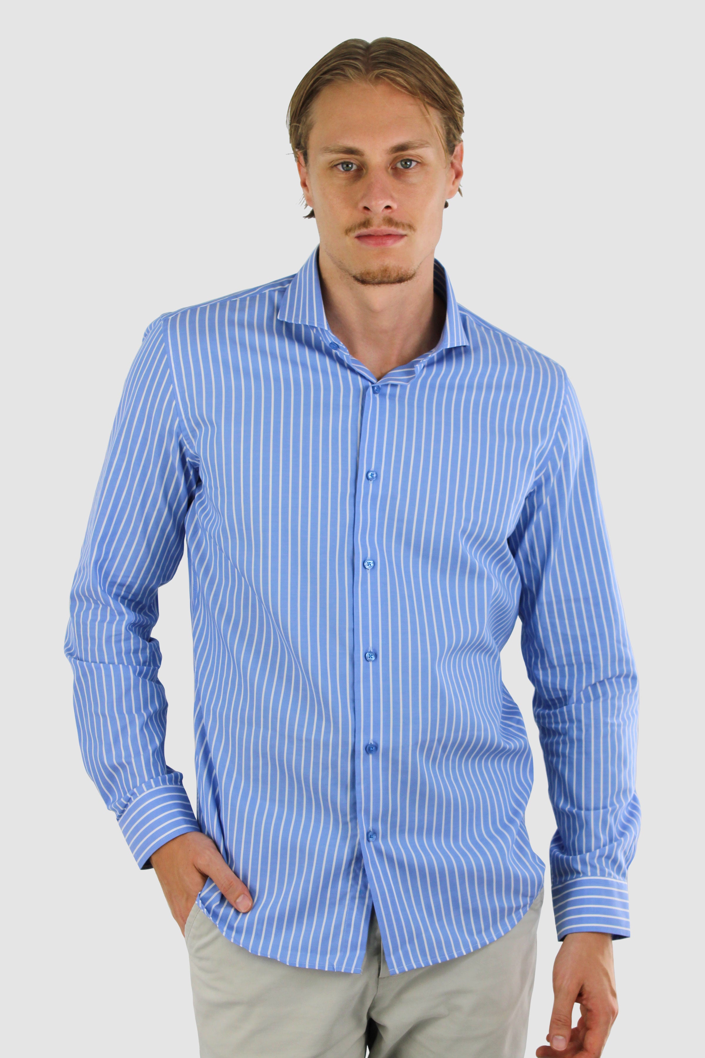 Vercate - Strijkvrij Overhemd - Blauw Wit - Blauw gestreept - Slim Fit - Poplin Katoen - Lange Mouw - Heren - Maat S M L XL XXL 37 38 39 40 41 42 43 44 45 46