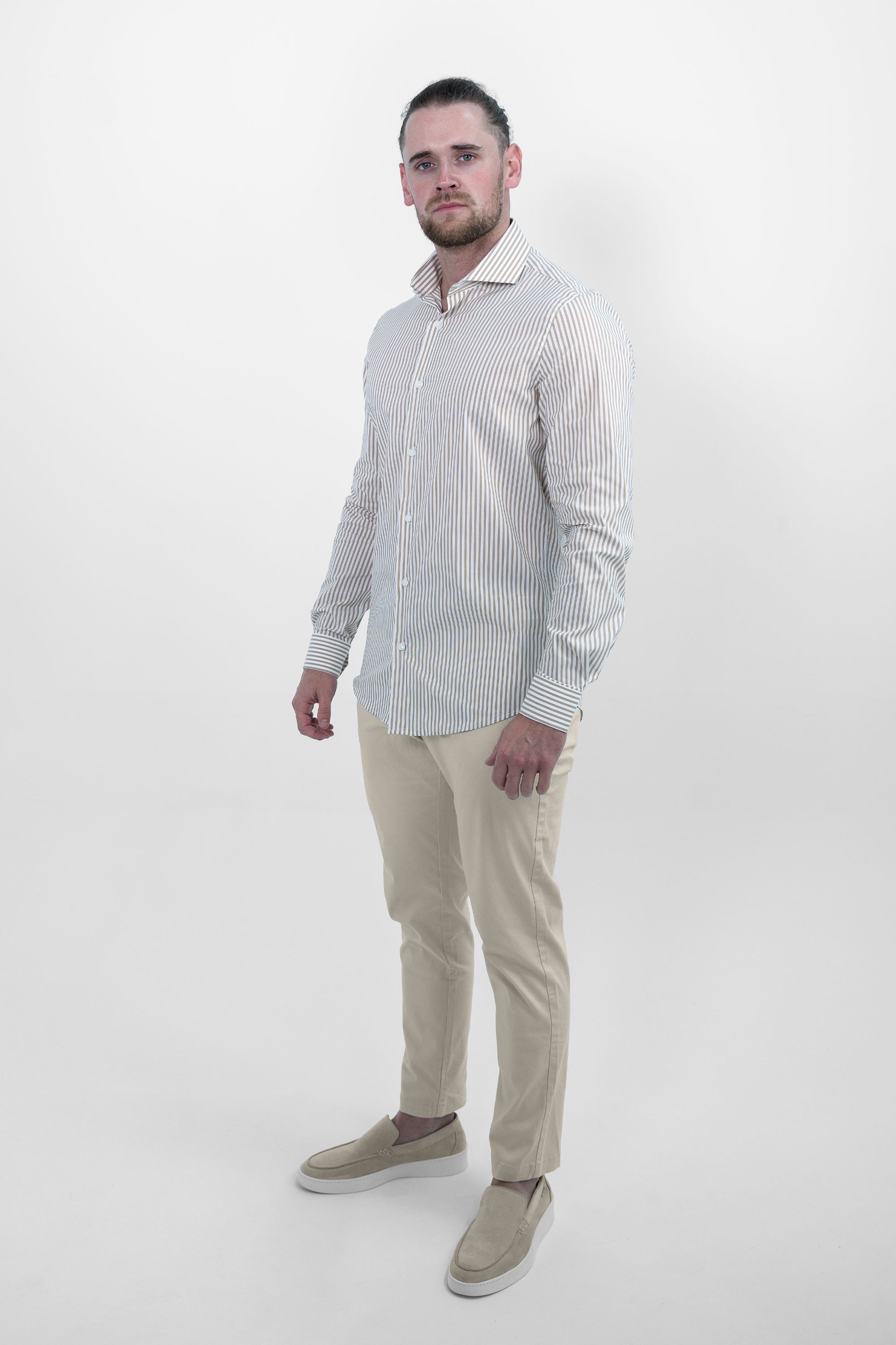Vercate - Overhemd - Khaki Gestreept - Cool Technology - Slim Fit - Lange Mouw - Poplin - Heren - Maat 37 38 39 40 41 42 43 44 45 46