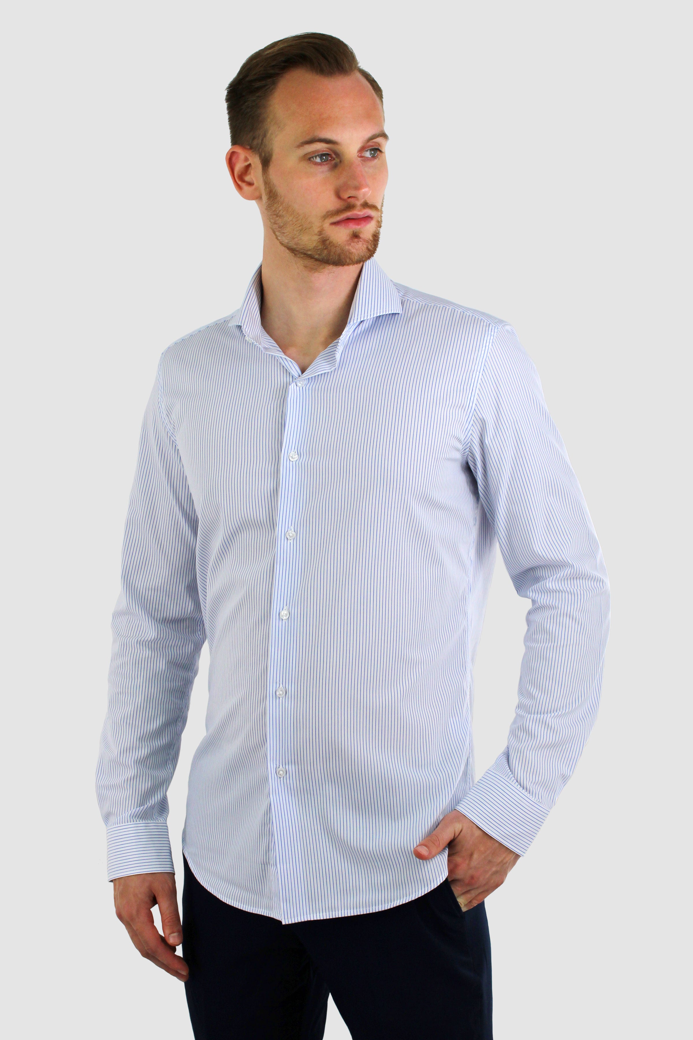 Vercate - Strijkvrij Overhemd - Wit Blauw - Wit Blauw Gestreept - Slim Fit - Poplin Katoen - Lange Mouw - Heren - Maat 37 38 39 40 41 42 43 44 45 46 S M L XL XXL