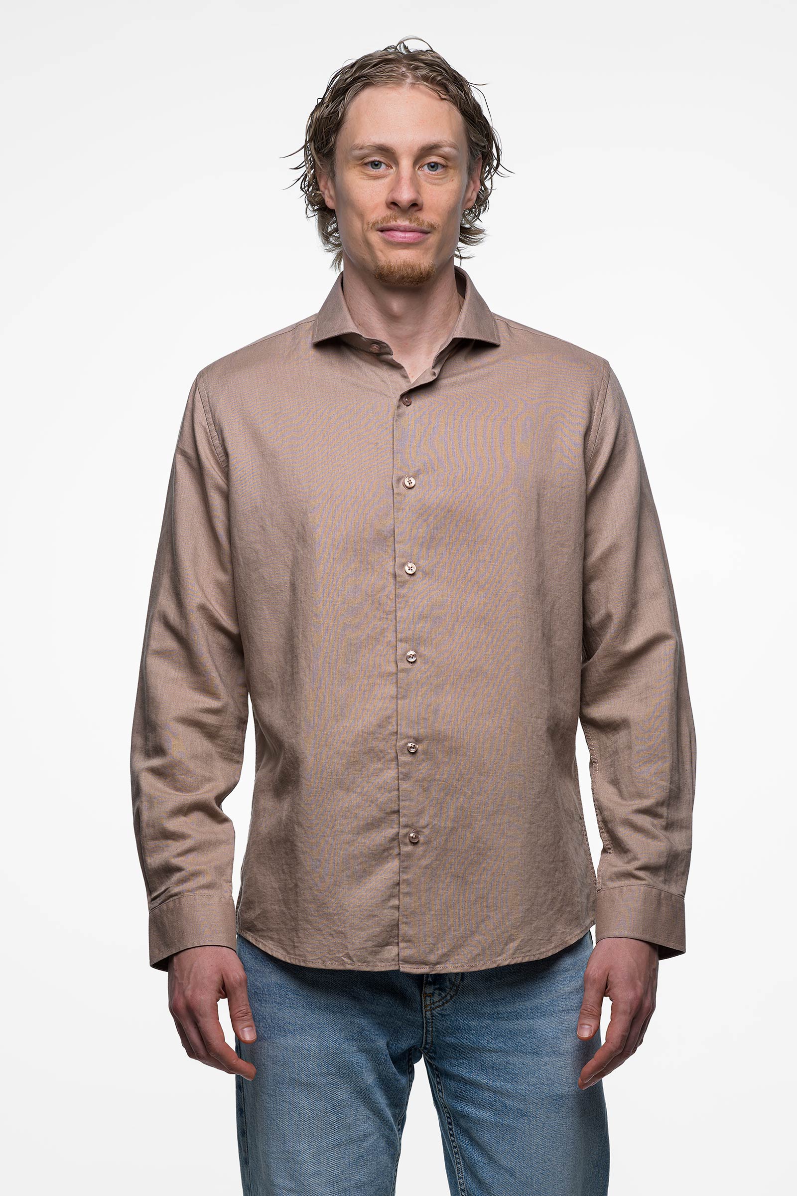 Vercate - Heren Lange Mouwen Overhemd - Bruin / Beige / Khaki - Slim-Fit - Linnen Katoen