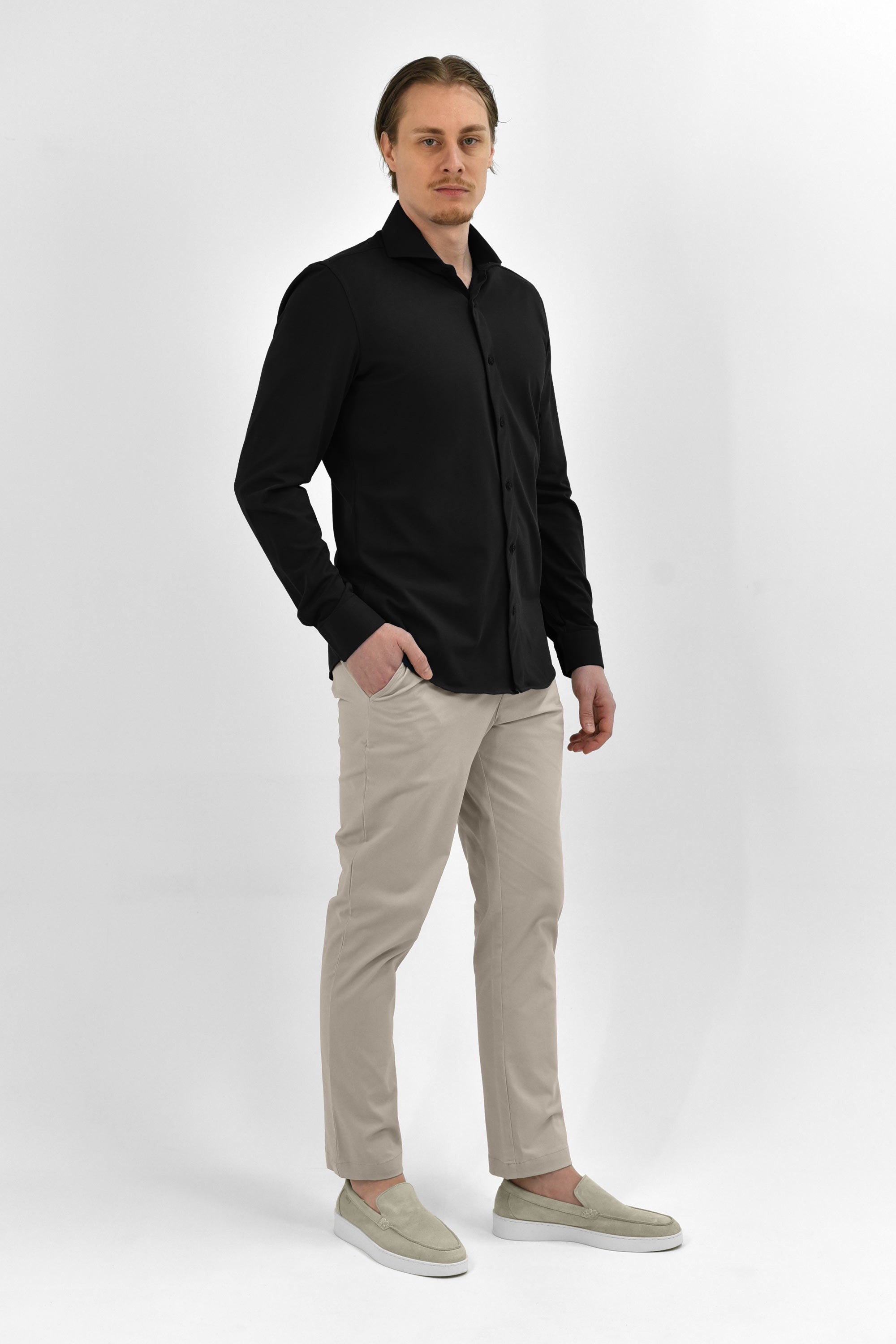 Vercate - Strijkvrij Overhemd - Japanese Knitted - Piqué Katoen - Zwart - Slim Fit - Lange Mouw - Heren
