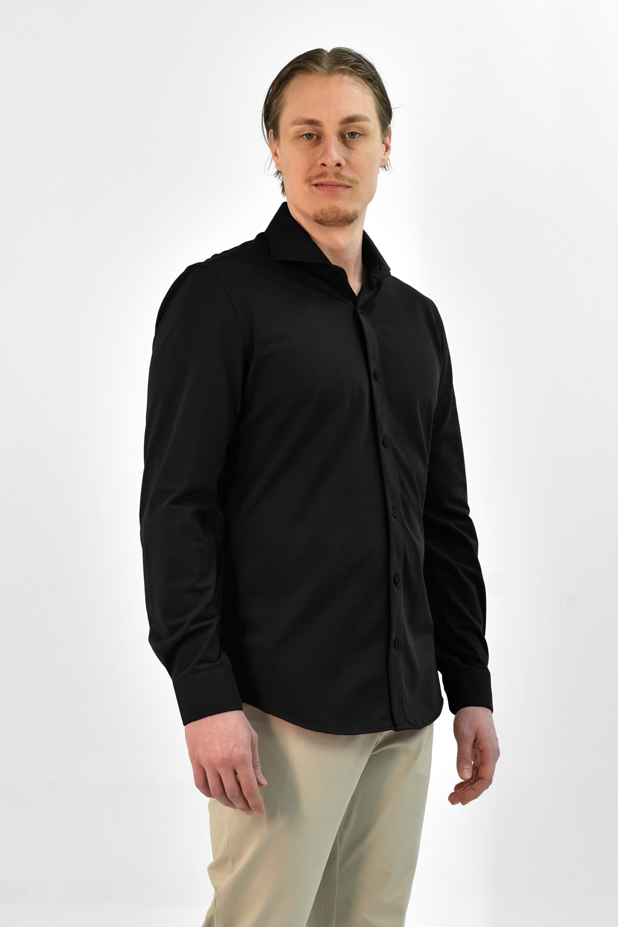 Vercate - Strijkvrij Overhemd - Japanese Knitted - Piqué Katoen - Zwart - Slim Fit - Lange Mouw - Heren