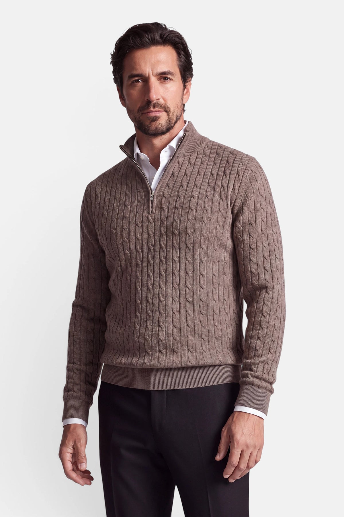 Vercate - Quarter Zip / Half Zip Trui Heren - Taupe / Bruin - Cashmere Blend - Kabeltrui / Pullover - Regular Fit