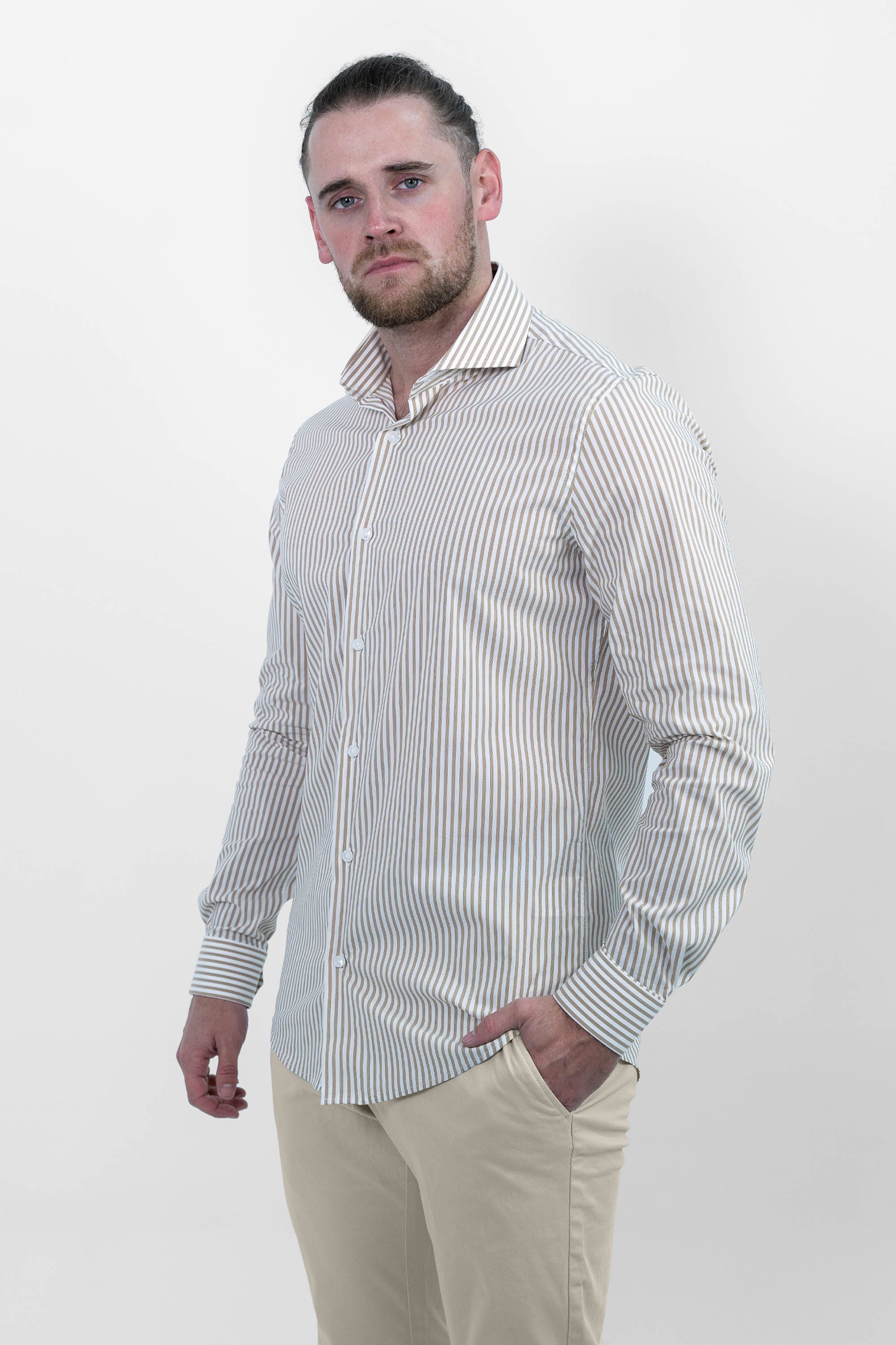 Vercate - Overhemd - Khaki Gestreept - Cool Technology - Slim Fit - Lange Mouw - Poplin - Heren - Maat 37 38 39 40 41 42 43 44 45 46