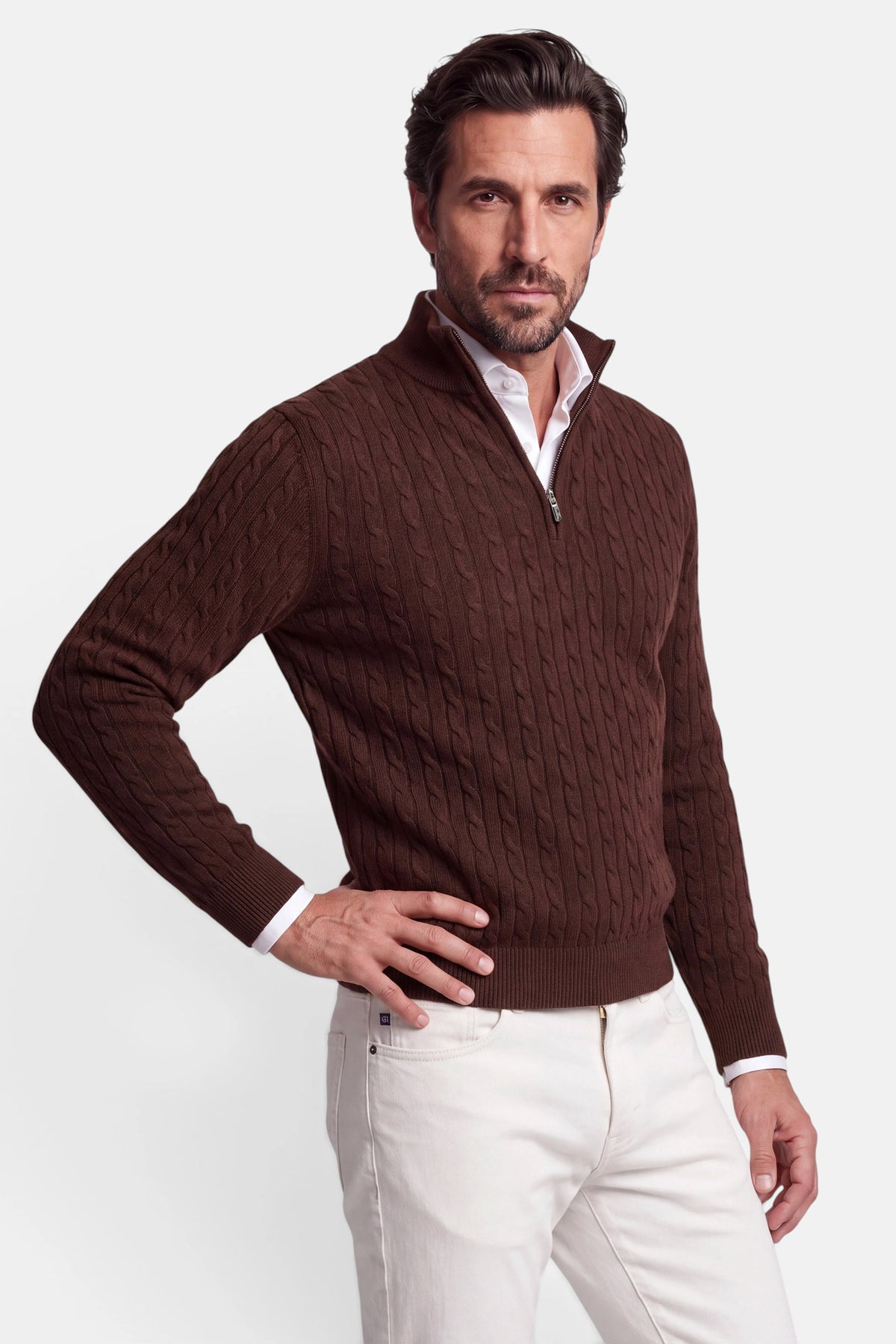 Vercate - Quarter Zip / Half Zip Trui Heren - Cognac Bruin - Cashmere Blend - Kabeltrui / Pullover - Regular Fit