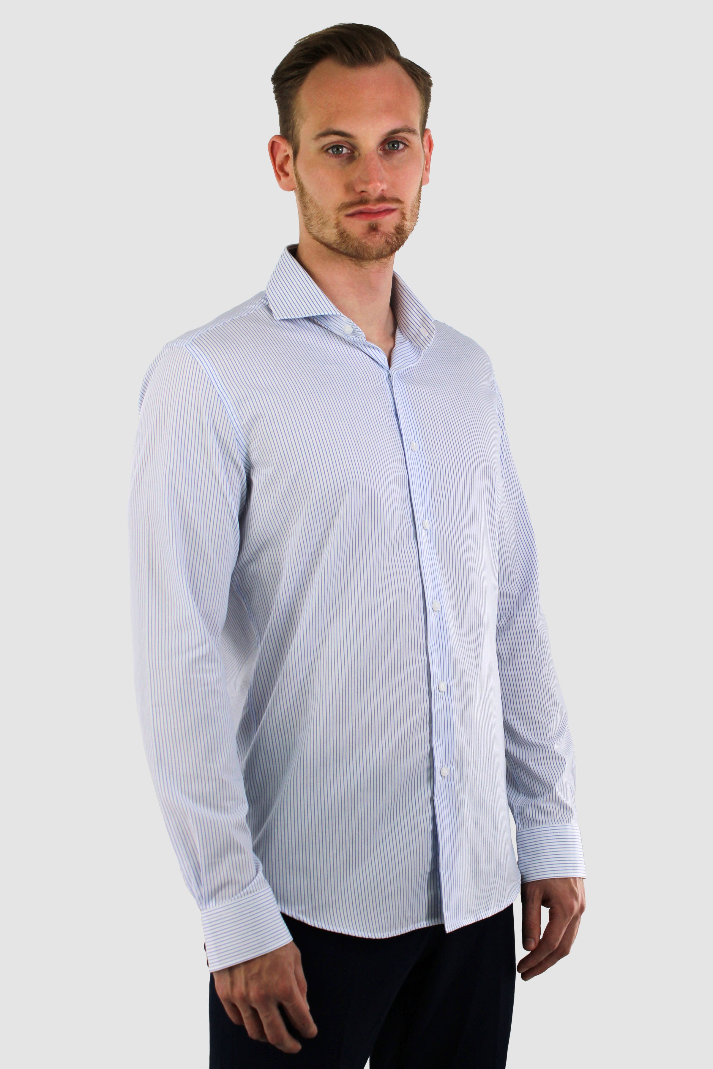 Vercate - Strijkvrij Overhemd - Wit Blauw - Wit Blauw Gestreept - Slim Fit - Poplin Katoen - Lange Mouw - Heren - Maat 37 38 39 40 41 42 43 44 45 46 S M L XL XXL