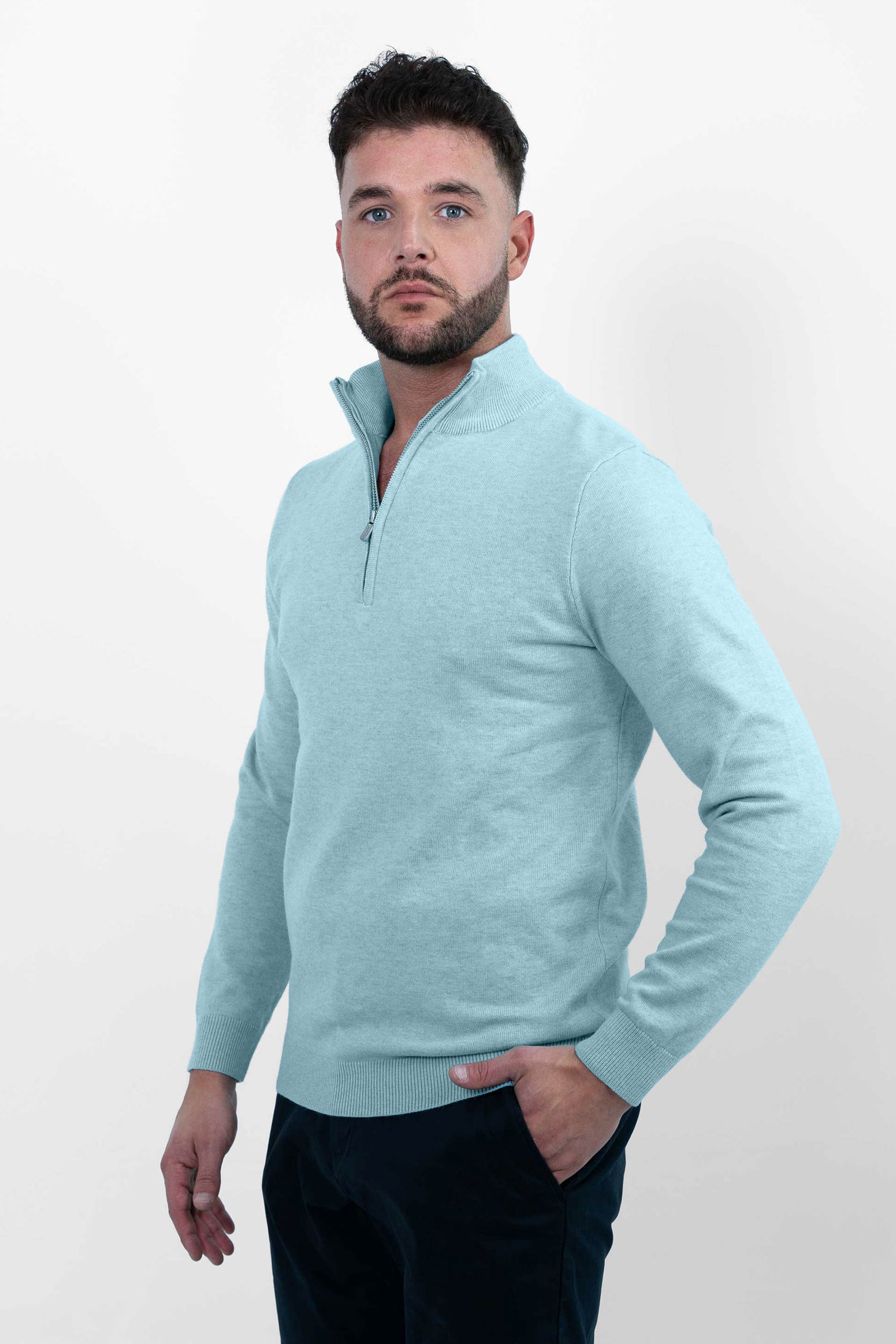 Luxury Half Zip Pullover Light Blue For Men