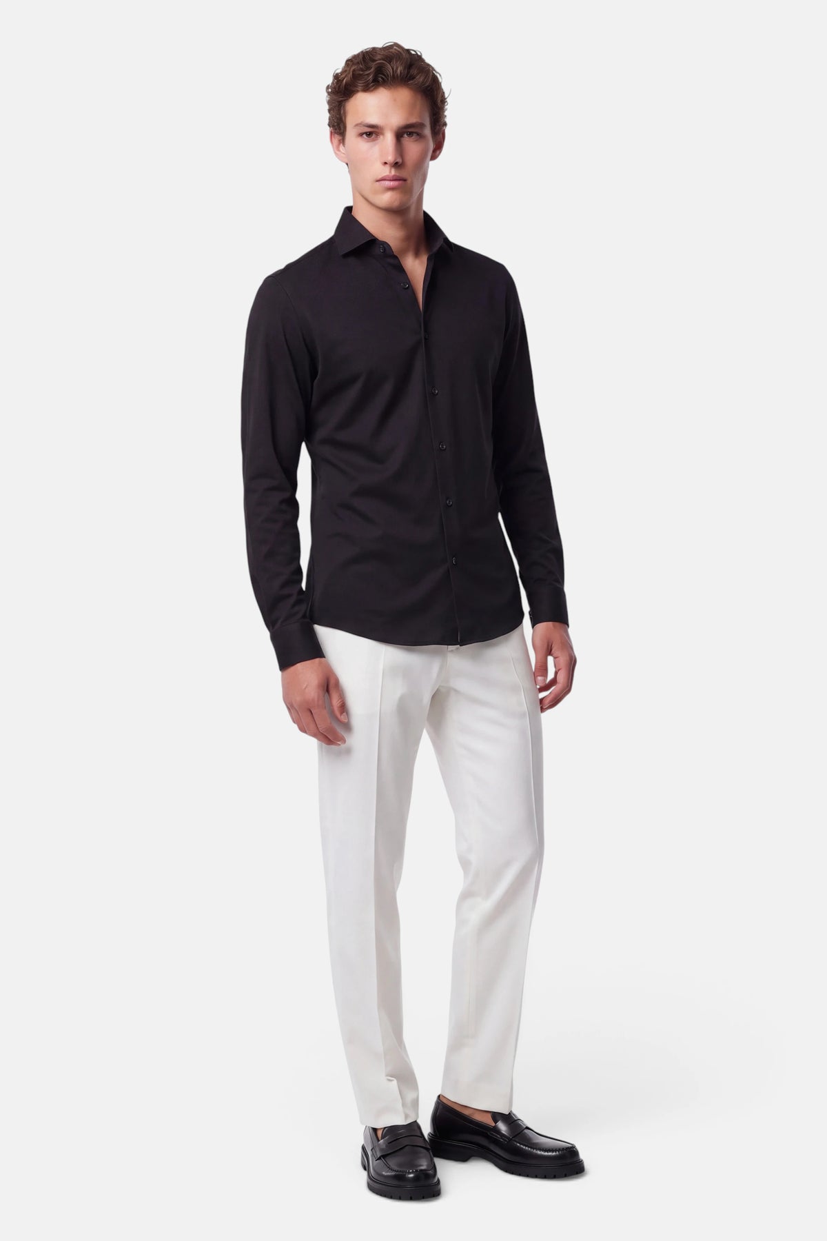 Vercate - Strijkvrij Overhemd - Japanese Knitted - Piqué Katoen - Zwart - Slim Fit - Lange Mouw - Heren