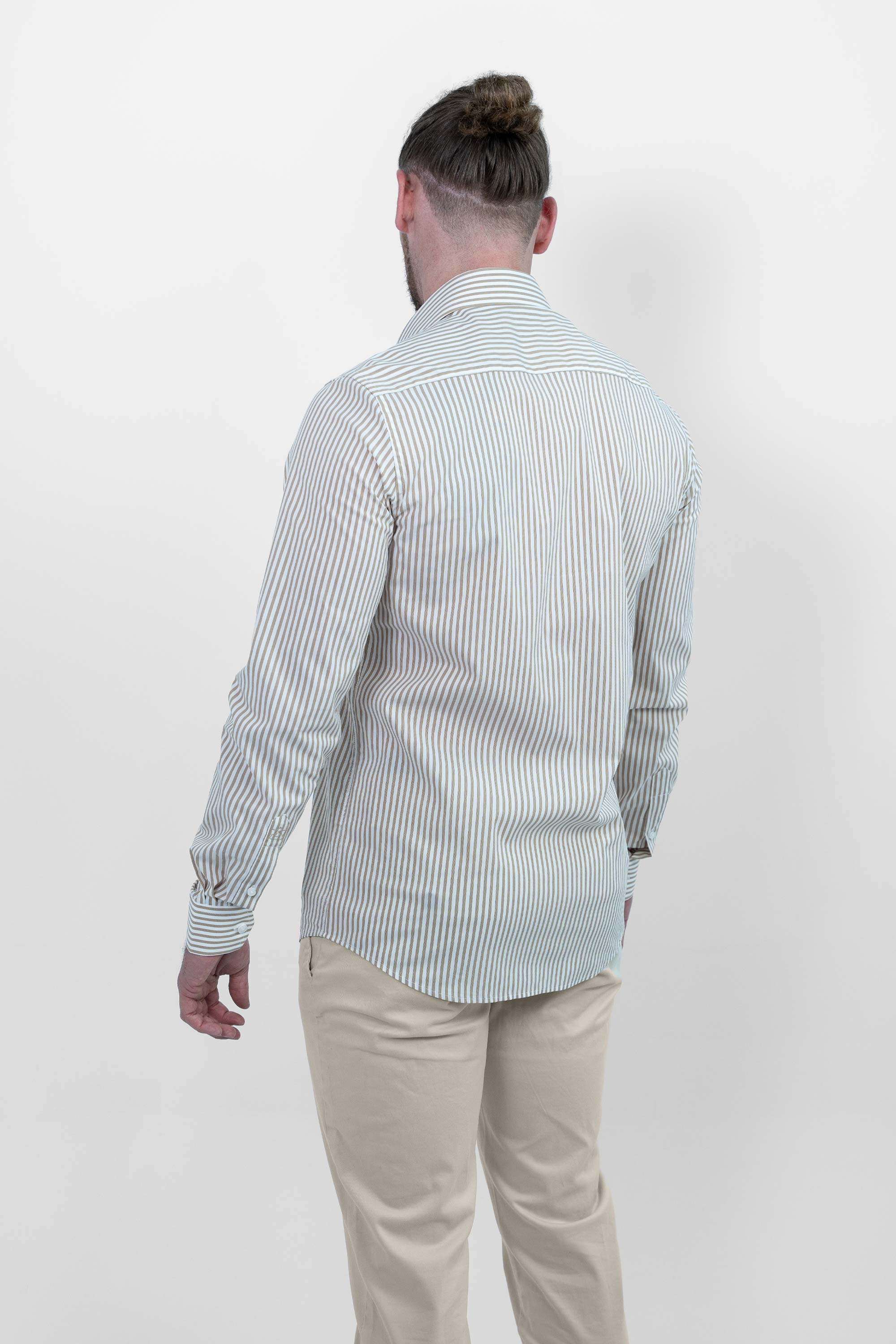 Vercate - Overhemd - Khaki Gestreept - Cool Technology - Slim Fit - Lange Mouw - Poplin - Heren - Maat 37 38 39 40 41 42 43 44 45 46