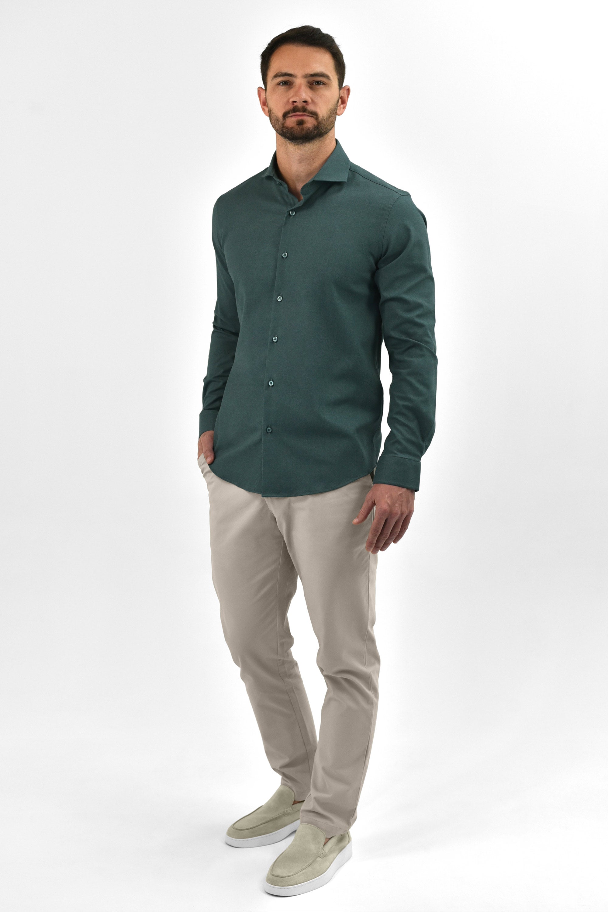 Vercate Strijkvrij Kreukvrij Overhemd Groen Slim Fit