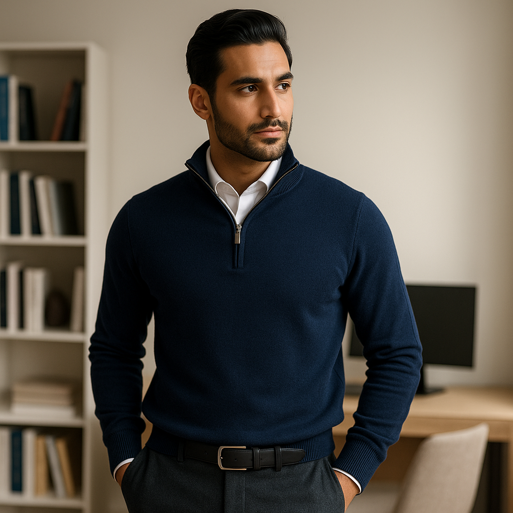 Hoe draag je een half-zip trui stijlvol naar kantoor?