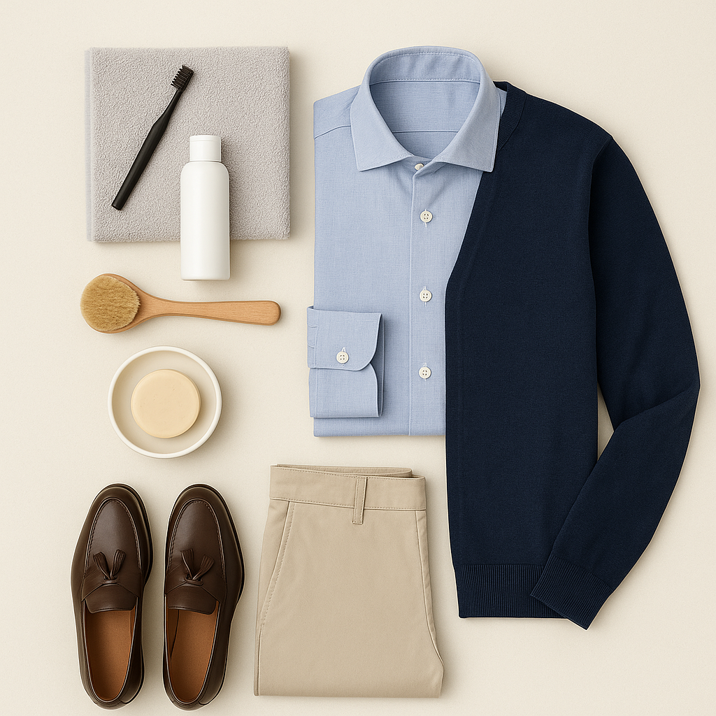 Flat lay van een frisse ochtendroutine met een lichtblauw overhemd, navy trui, beige chino, bruine loafers en verzorgingsitems op een beige achtergrond.