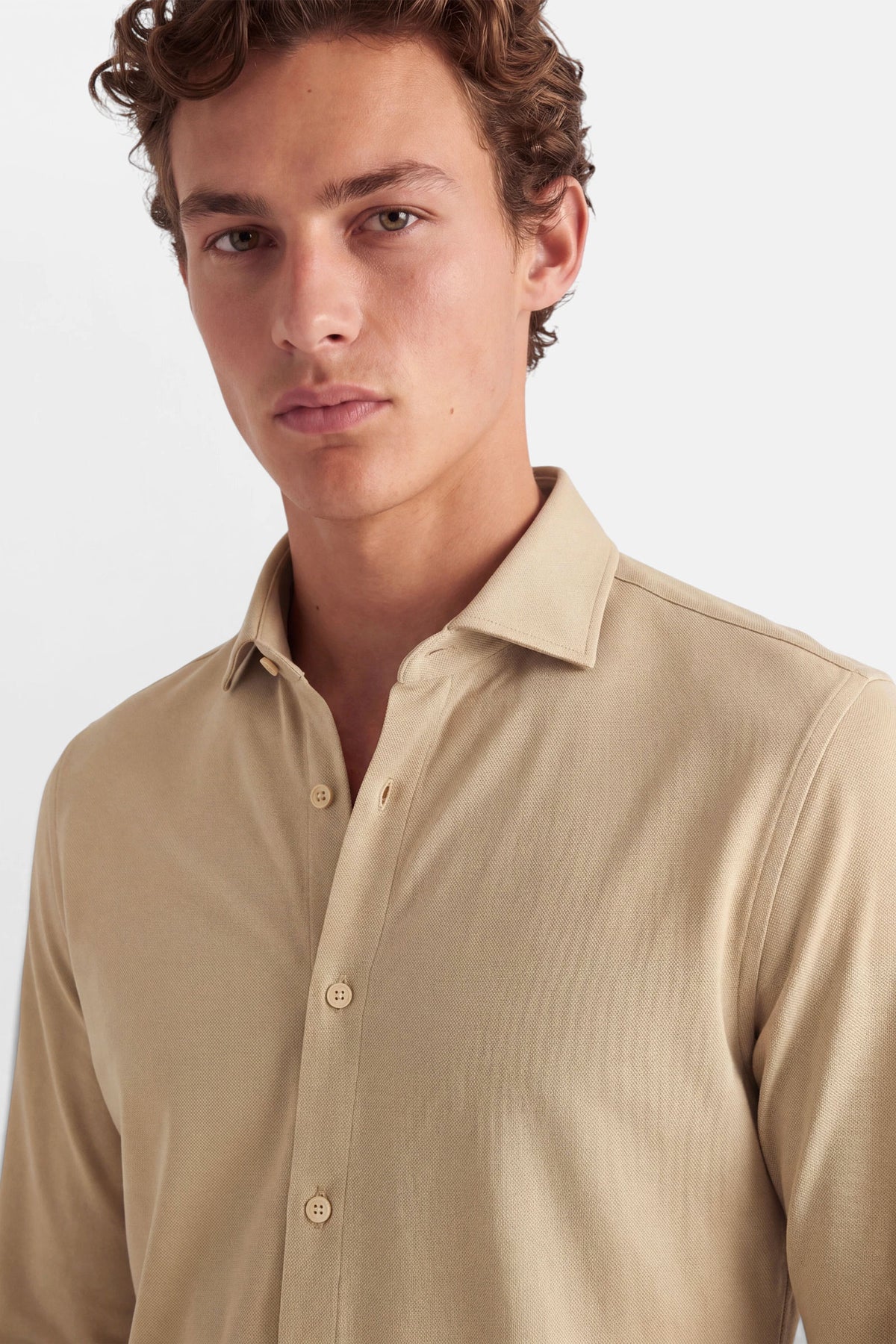 Vercate - Strijkvrij Overhemd - Japanese Knitted - Piqué Katoen - Beige / Lichtbruin - Slim Fit - Lange Mouw - Heren