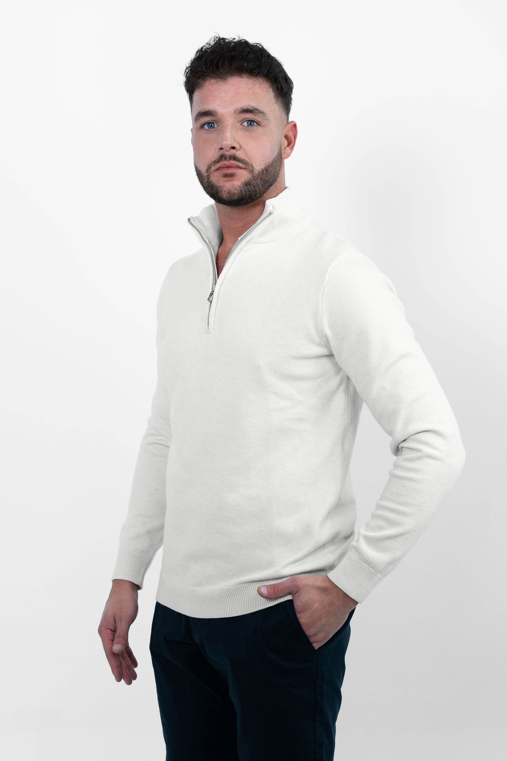 Vercate - Luxe Half Zip / Quarter Zip Pullover - Off White / Gebroken Wit - Regular Fit - Knit Heren Sweater / Trui Knitted / Knitwear 