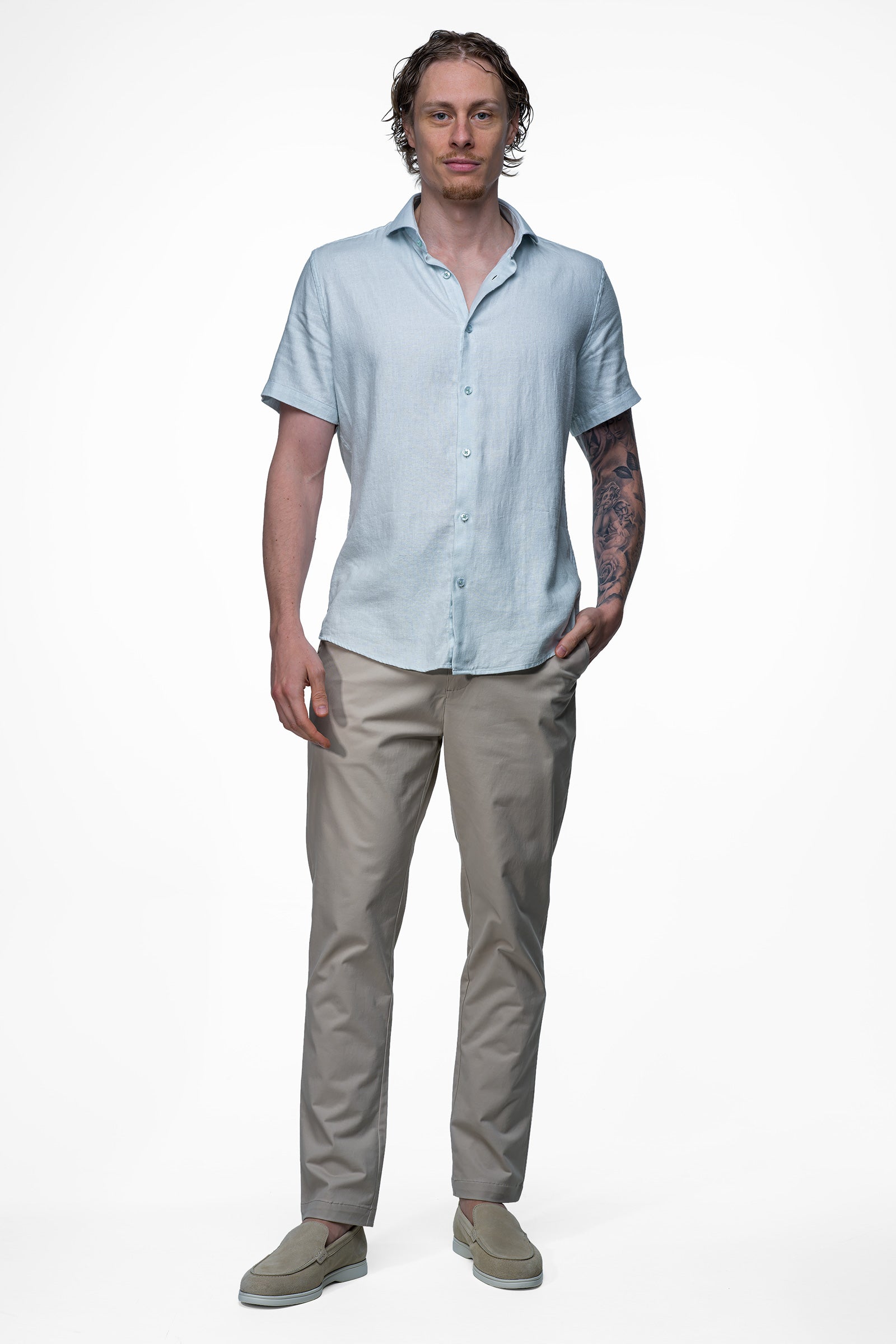 Vercate - Linnen Overhemd - Korte Mouwen - Slim Fit - Heren - Lichtblauw / Blauw