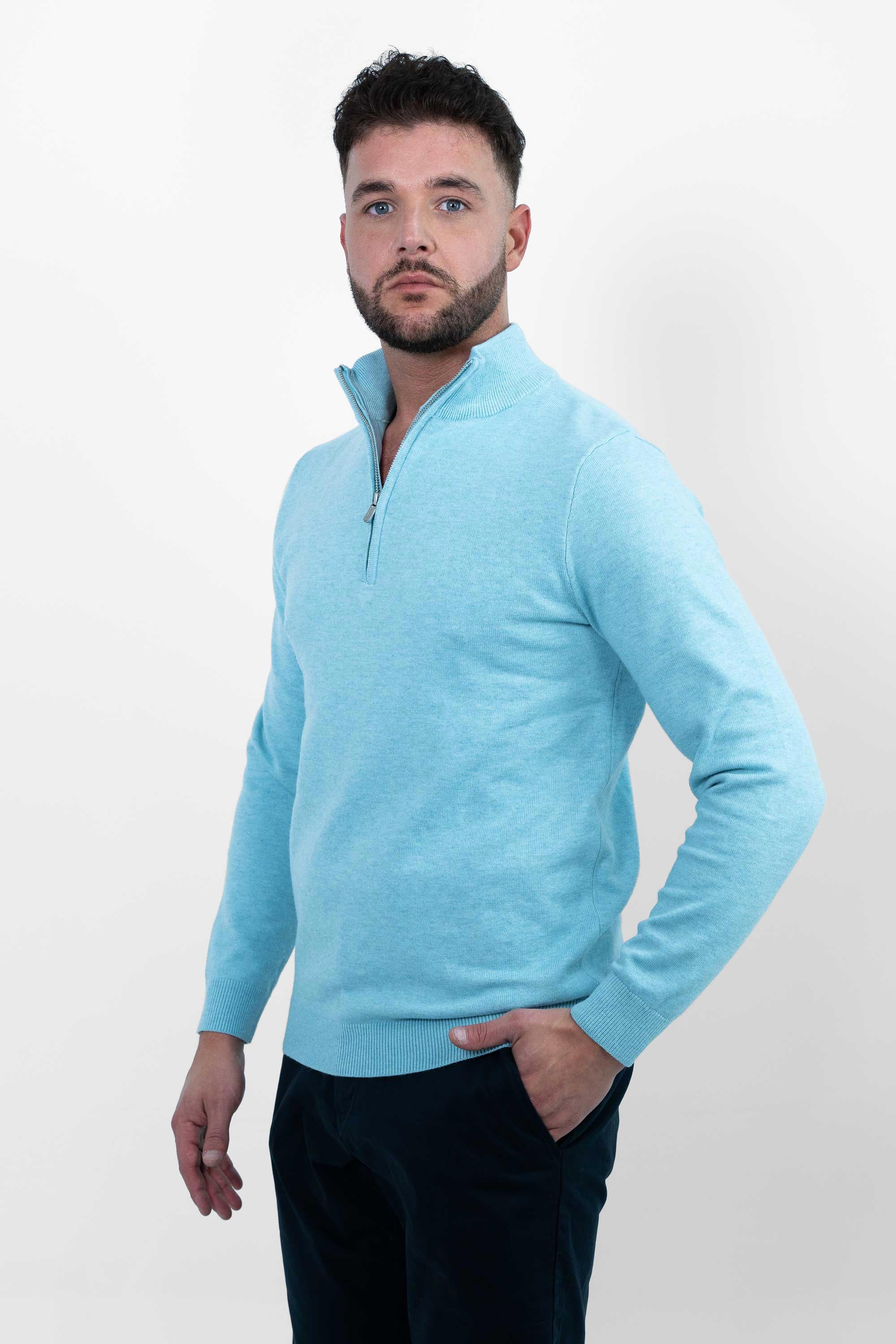 Vercate - Luxe Half Zip / Quarter Zip Pullover - Lichtblauw / Blauw - Regular Fit - Knit Heren Sweater / Trui