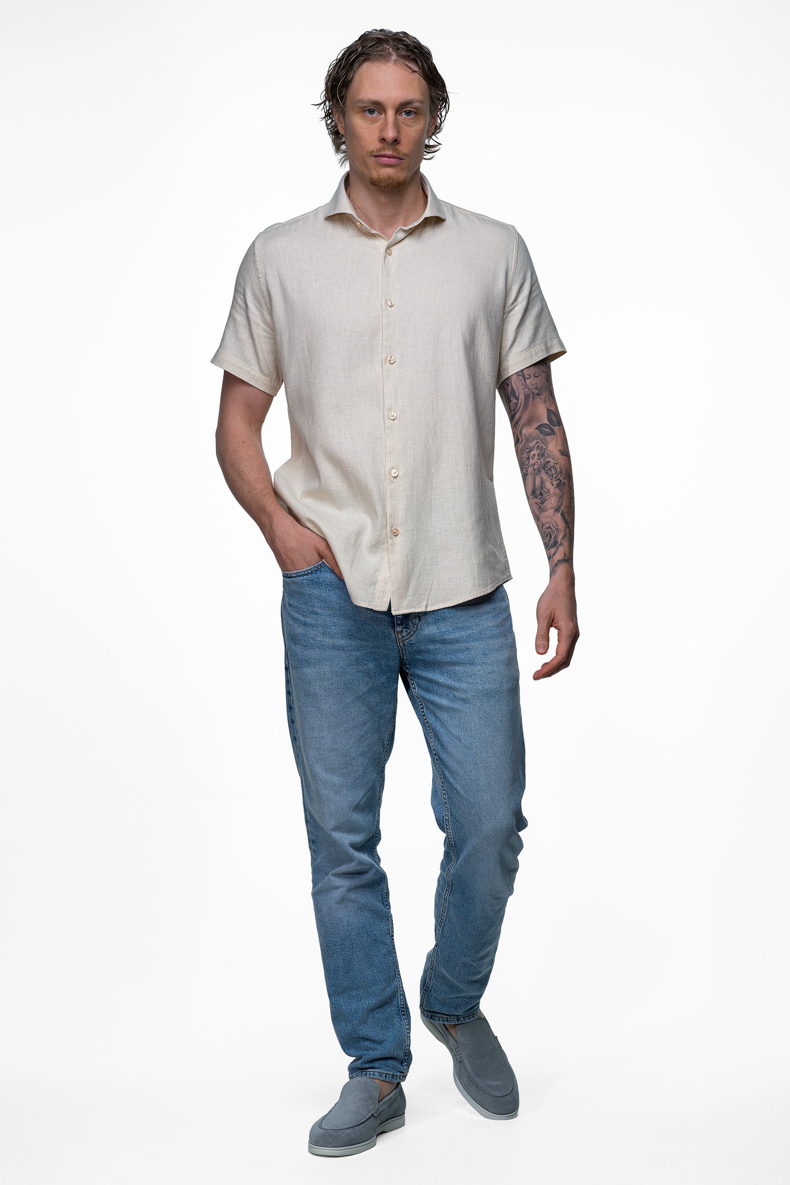 Vercate - Linnen Overhemd - Korte Mouwen - Slim Fit - Heren - Beige