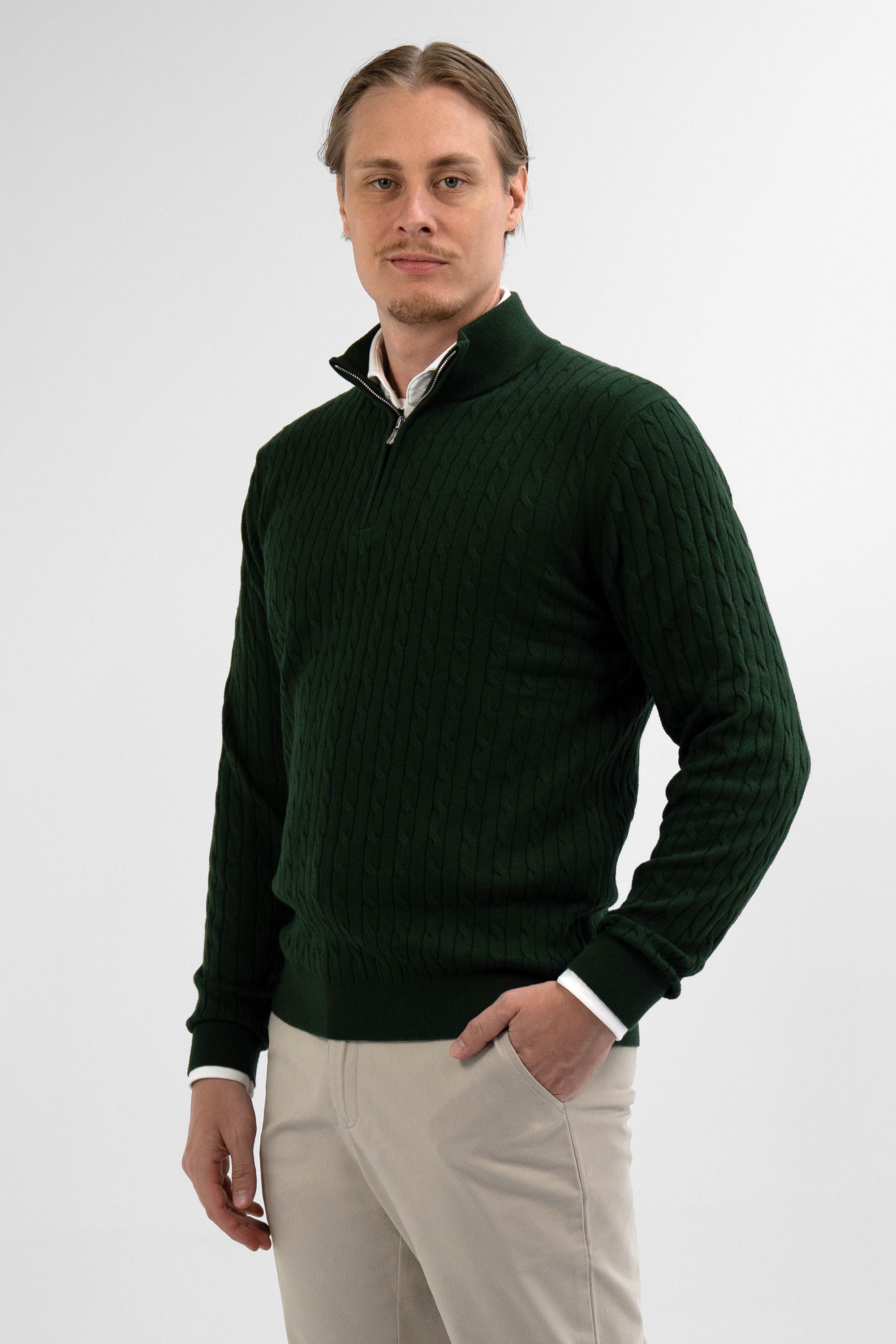 Vercate - Quarter Zip / Half Zip Trui - Cashmere / Kasjmier Blend - Kabeltrui / Pullover - Regular Fit - Donkergroen