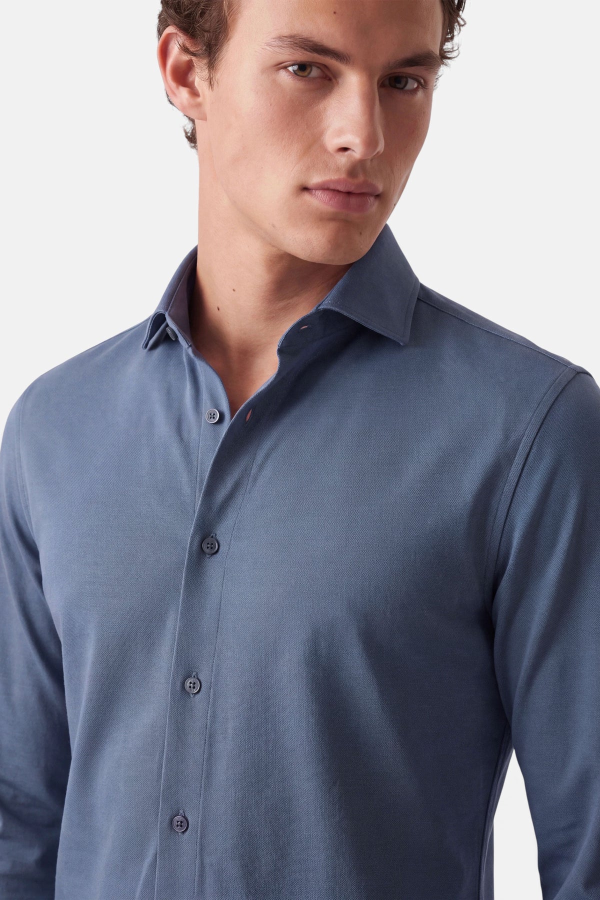 Vercate - Strijkvrij Overhemd - Japanese Knitted - Piqué Katoen - Blauw - Slim Fit - Lange Mouw - Heren