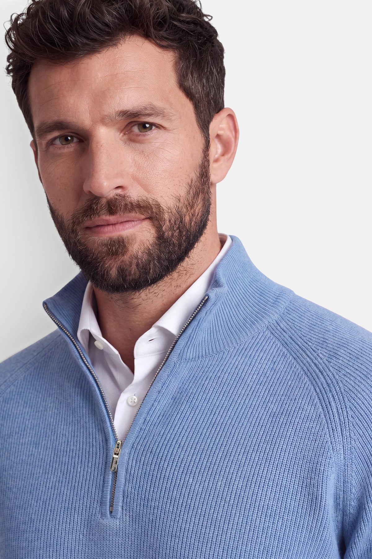 Vercate - Quarter Zip / Half Zip Trui Heren - Lichtblauw - Cashmere Blend - Ribpatroon - Regular Fit