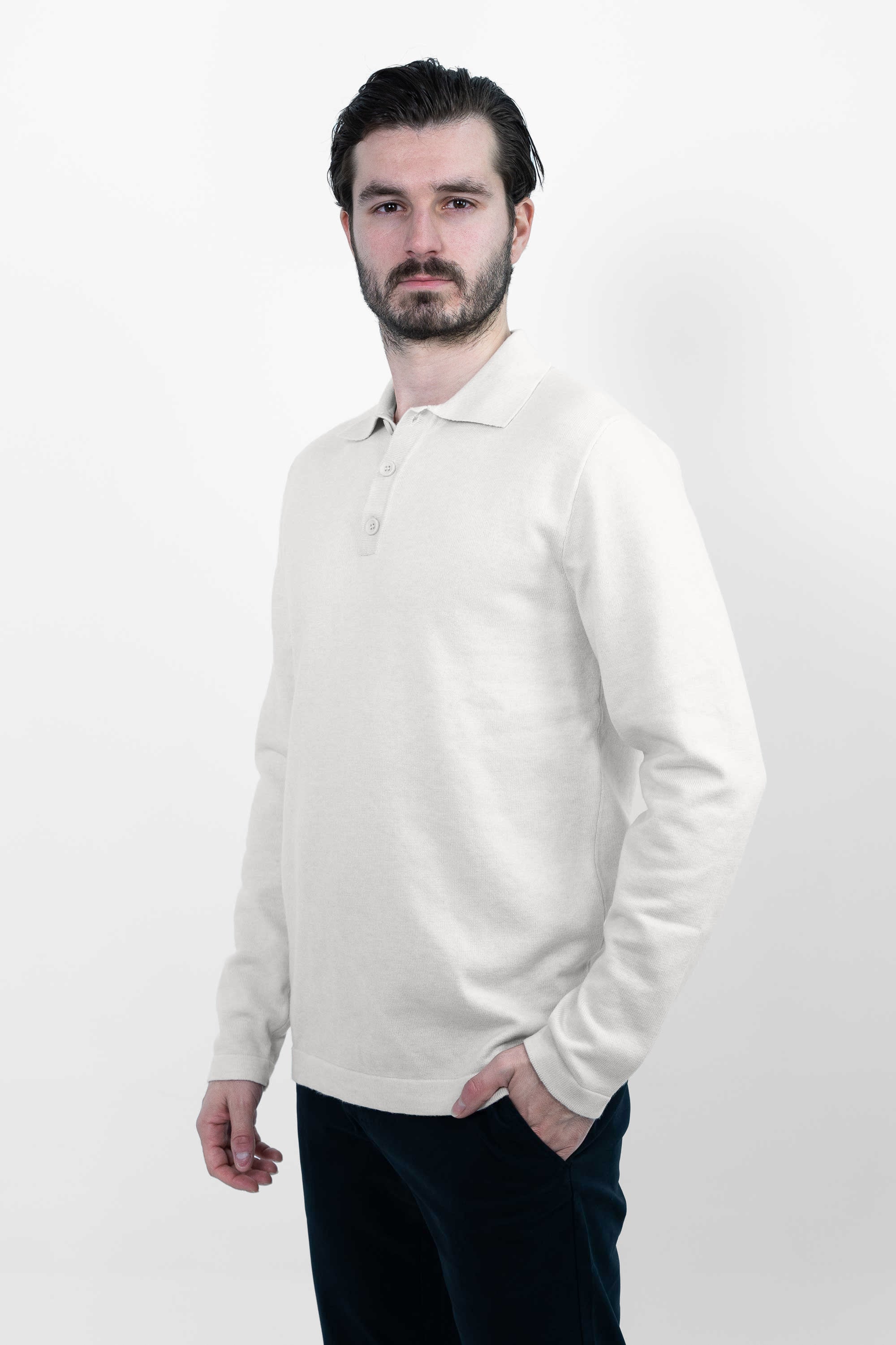 Vercate - Luxe Heren Poloshirt - Polo Met Lange Mouwen - Off White / Gebroken Wit - Regular Fit - Knit Knitted