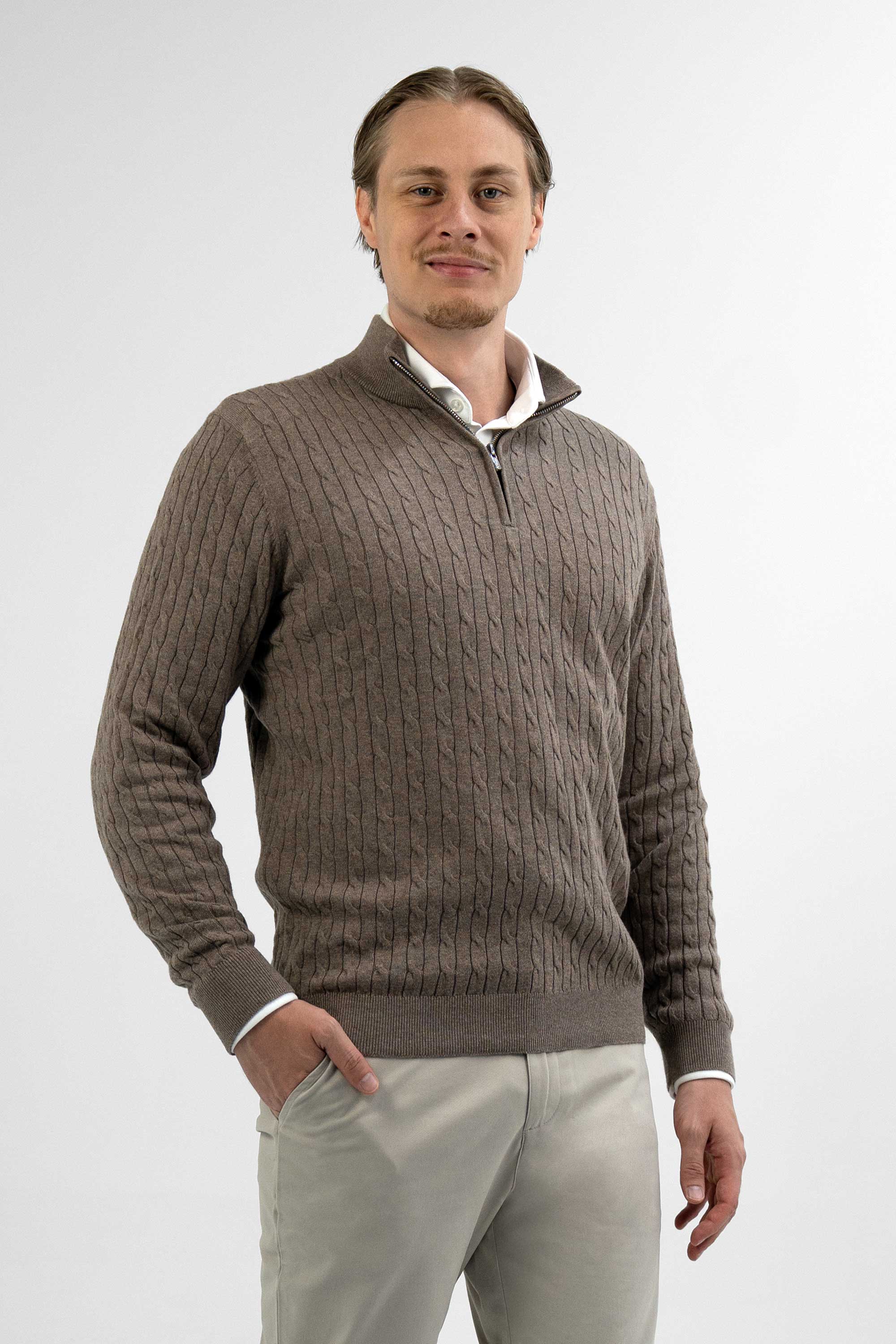 Vercate - Quarter Zip / Half Zip Trui - Cashmere / Kasjmier Blend - Kabeltrui / Pullover - Regular Fit - Taupe / Bruin