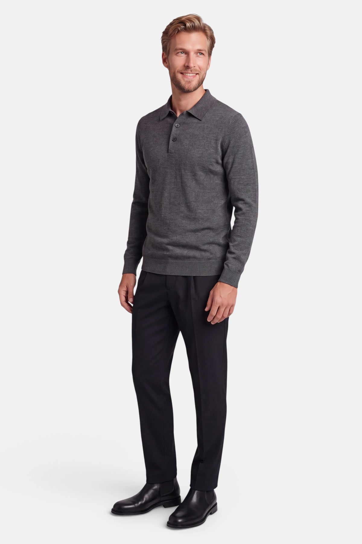 Vercate - Polo Shirt Heren Lange Mouw - Donkergrijs - Cashmere Blend - Regular Fit