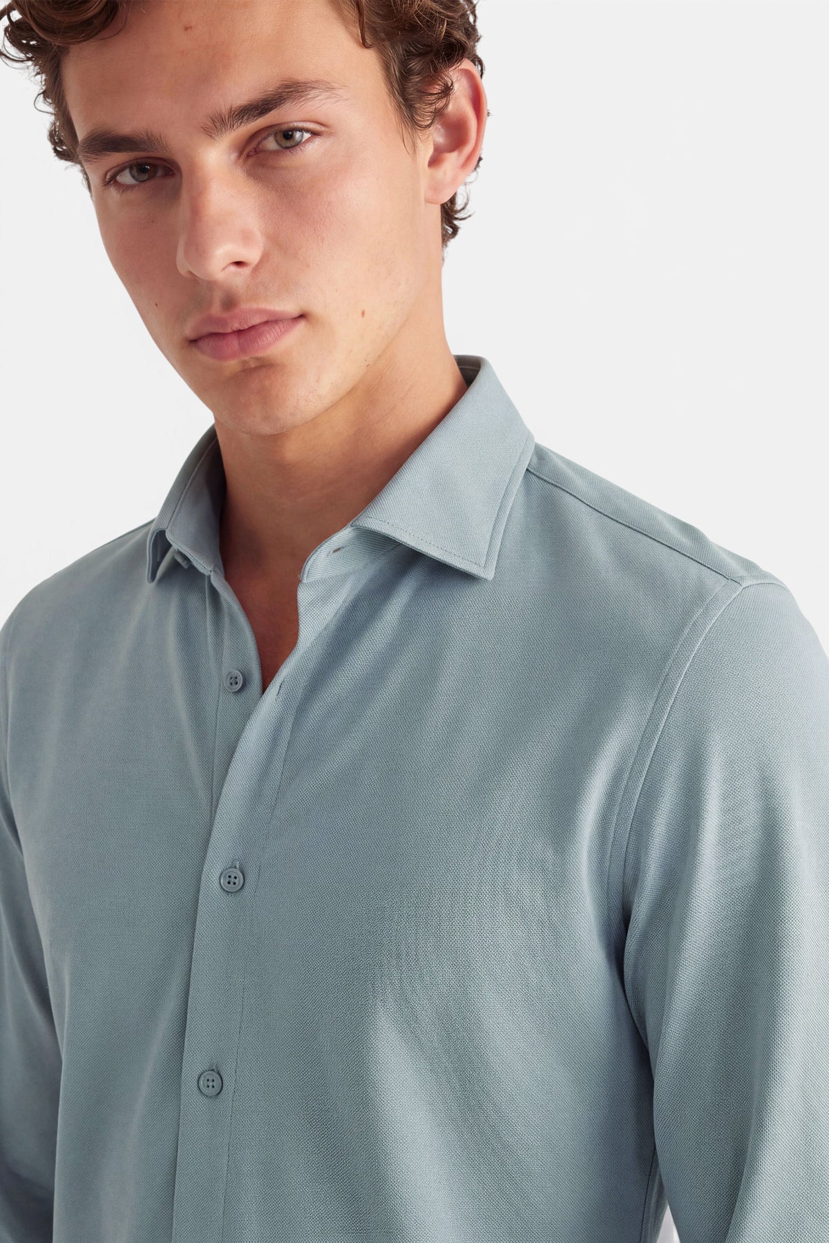 Vercate - Strijkvrij Overhemd - Japanese Knitted - Piqué Katoen - Blauwgrijs - Slim Fit - Lange Mouw - Heren