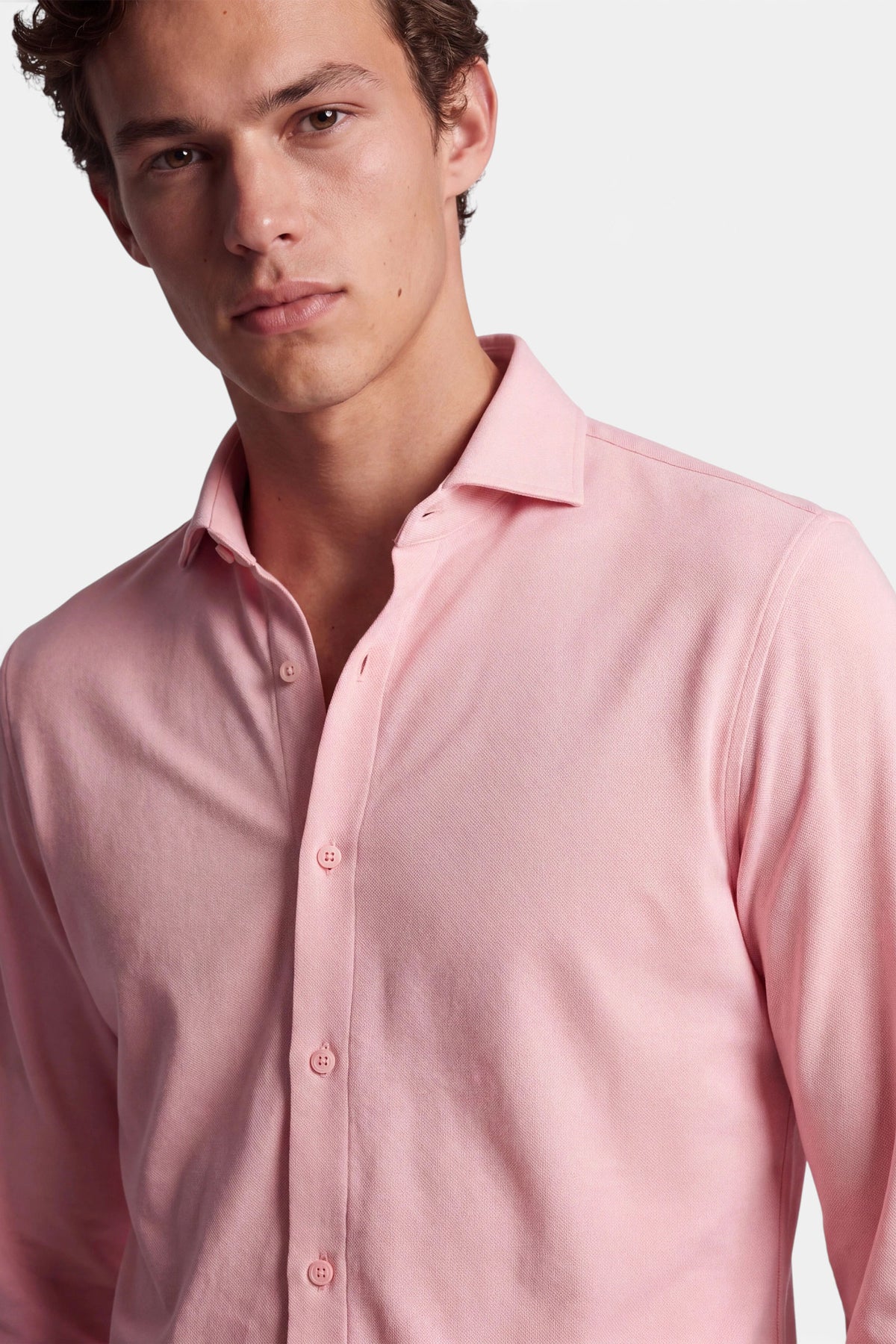 Vercate - Strijkvrij Overhemd - Japanese Knitted - Piqué Katoen - Roze - Slim Fit - Lange Mouw - Heren