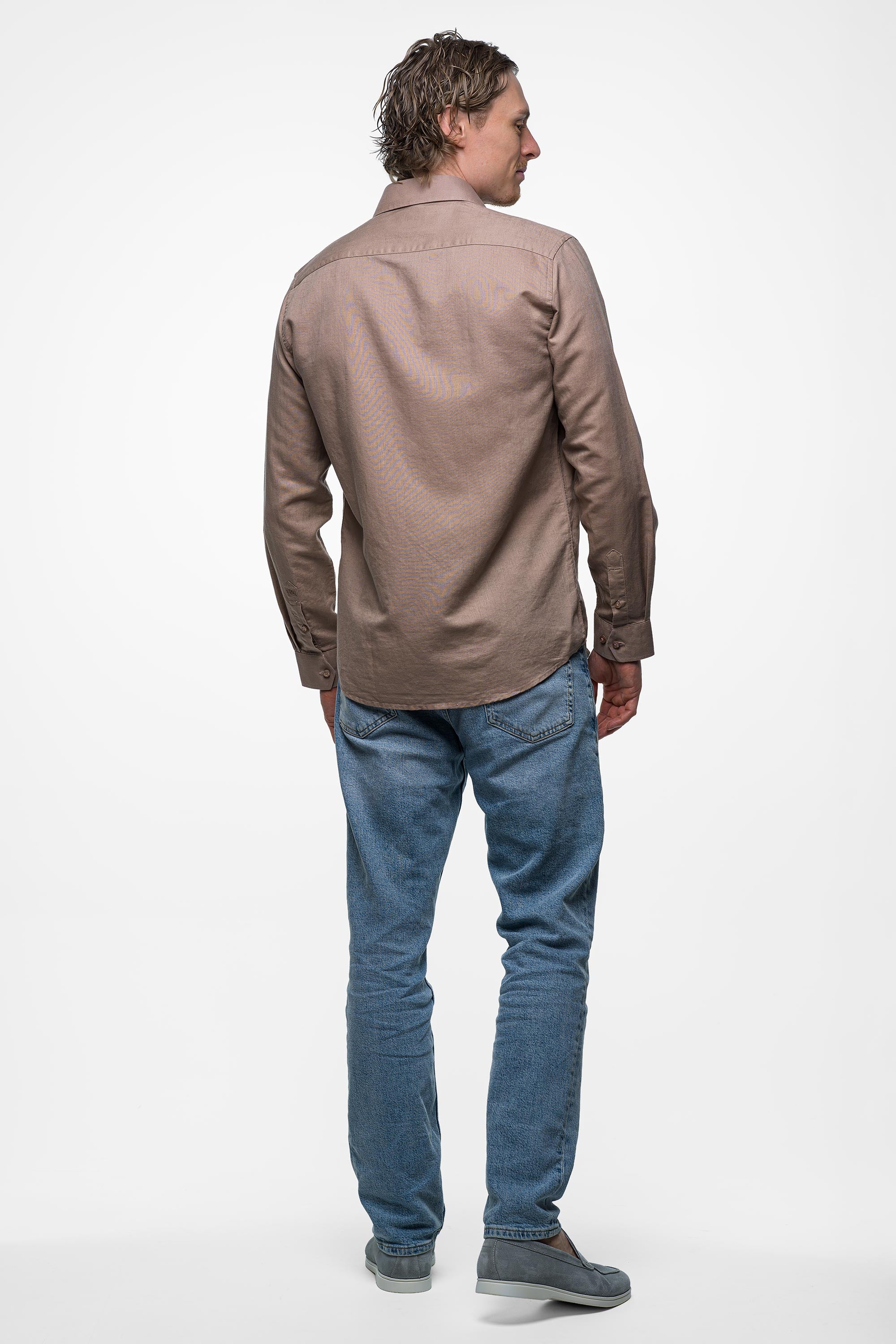 Vercate - Heren Lange Mouwen Overhemd - Bruin / Beige / Khaki - Slim-Fit - Linnen Katoen