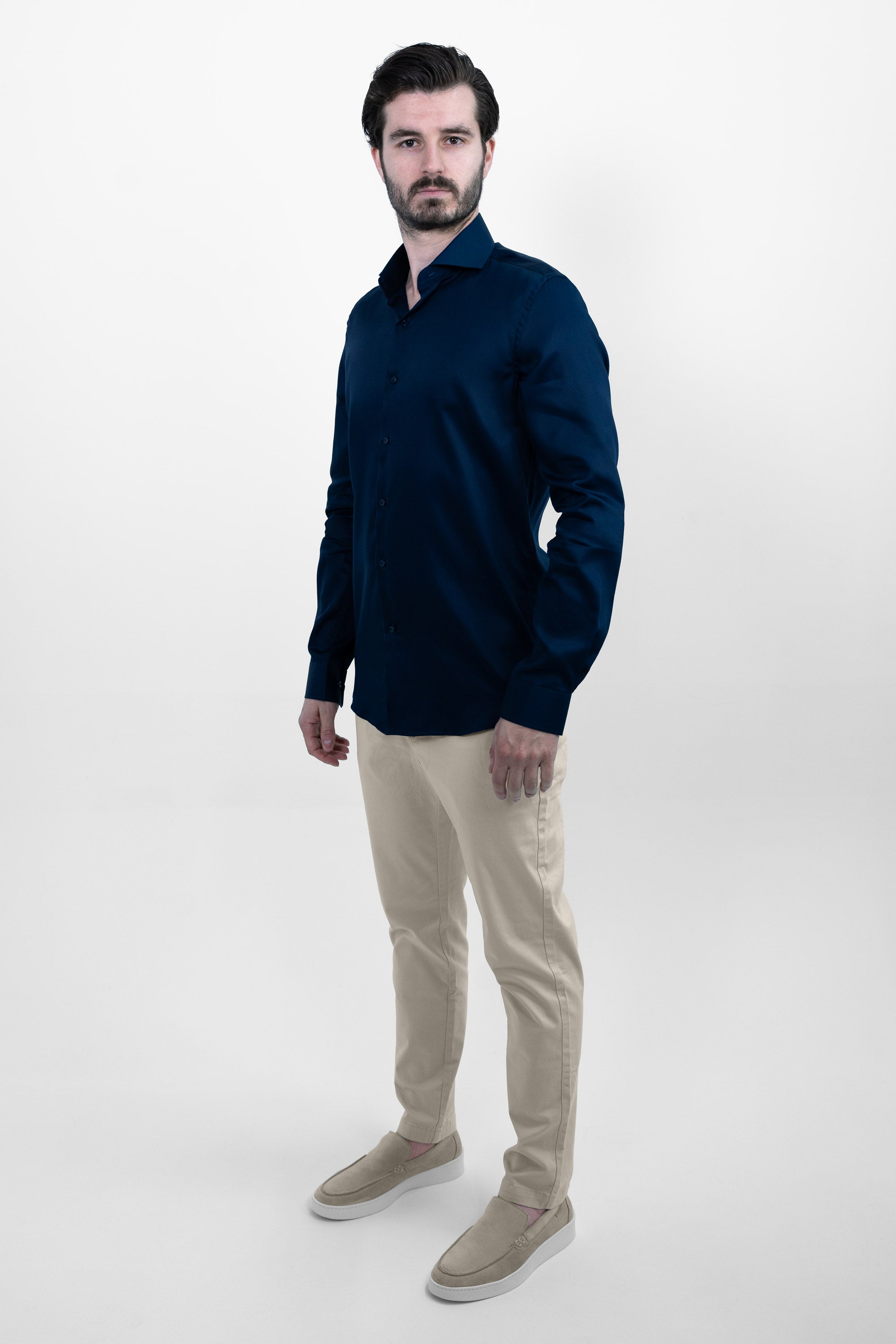 Vercate - Strijkvrij Overhemd - Navy - Marine Blauw - Slim Fit - Katoen Satijn - Lange Mouw - Heren