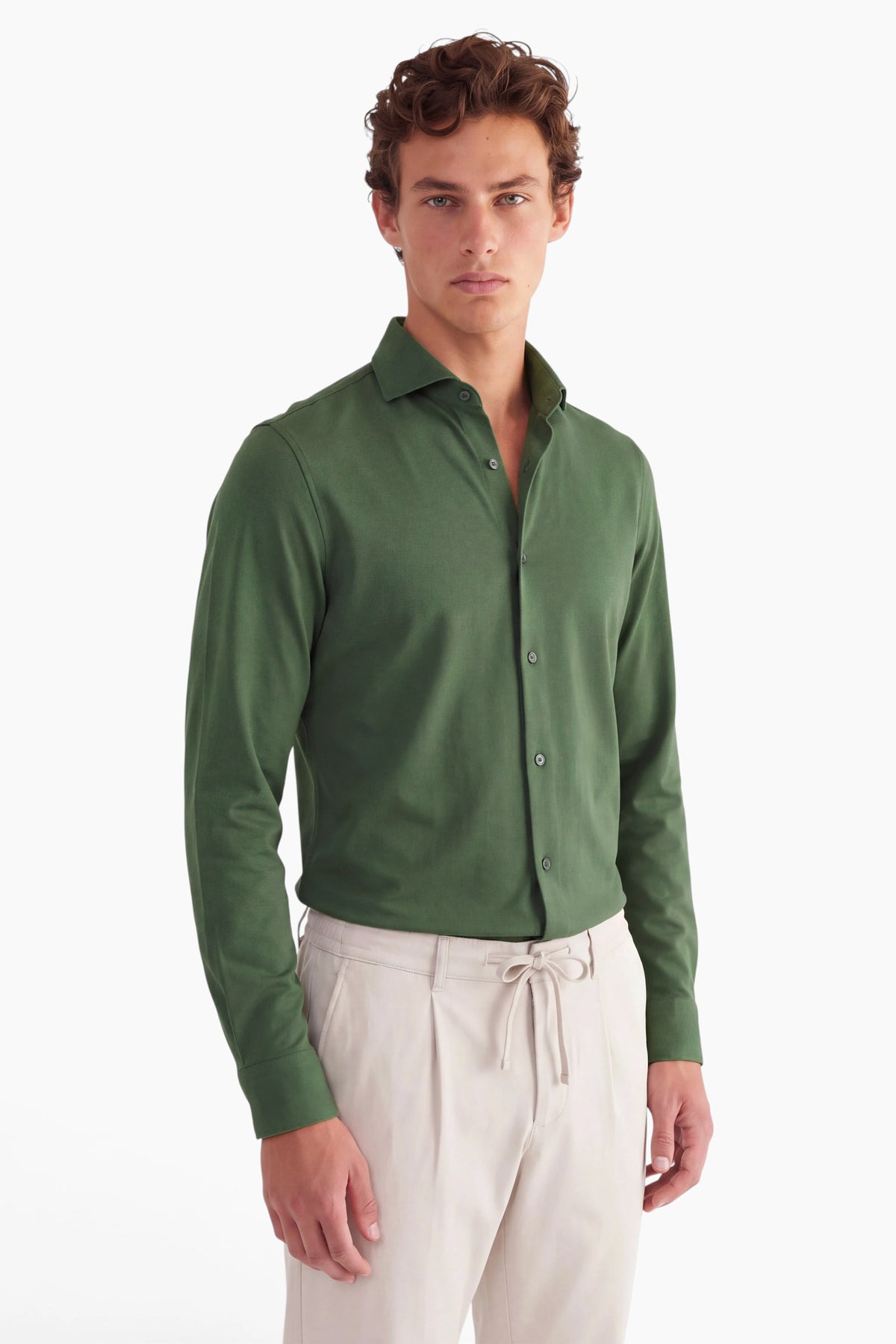 Vercate - Strijkvrij Overhemd - Japanese Knitted - Piqué Katoen - Groen - Slim Fit - Lange Mouw - Heren