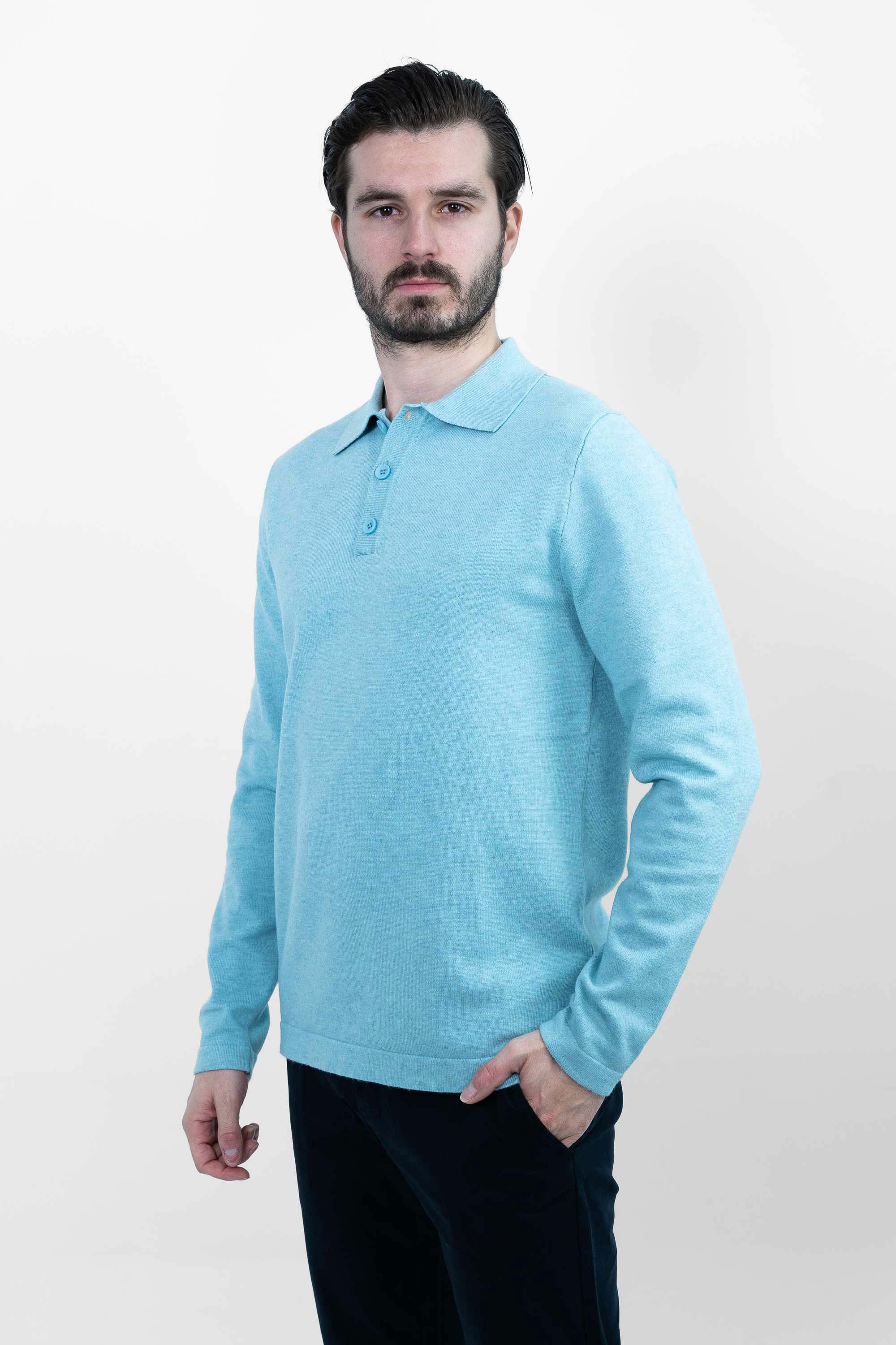 Vercate - Luxe Heren Poloshirt - Polo Met Lange Mouwen - Lichtblauw / Blauw - Regular Fit - Knit