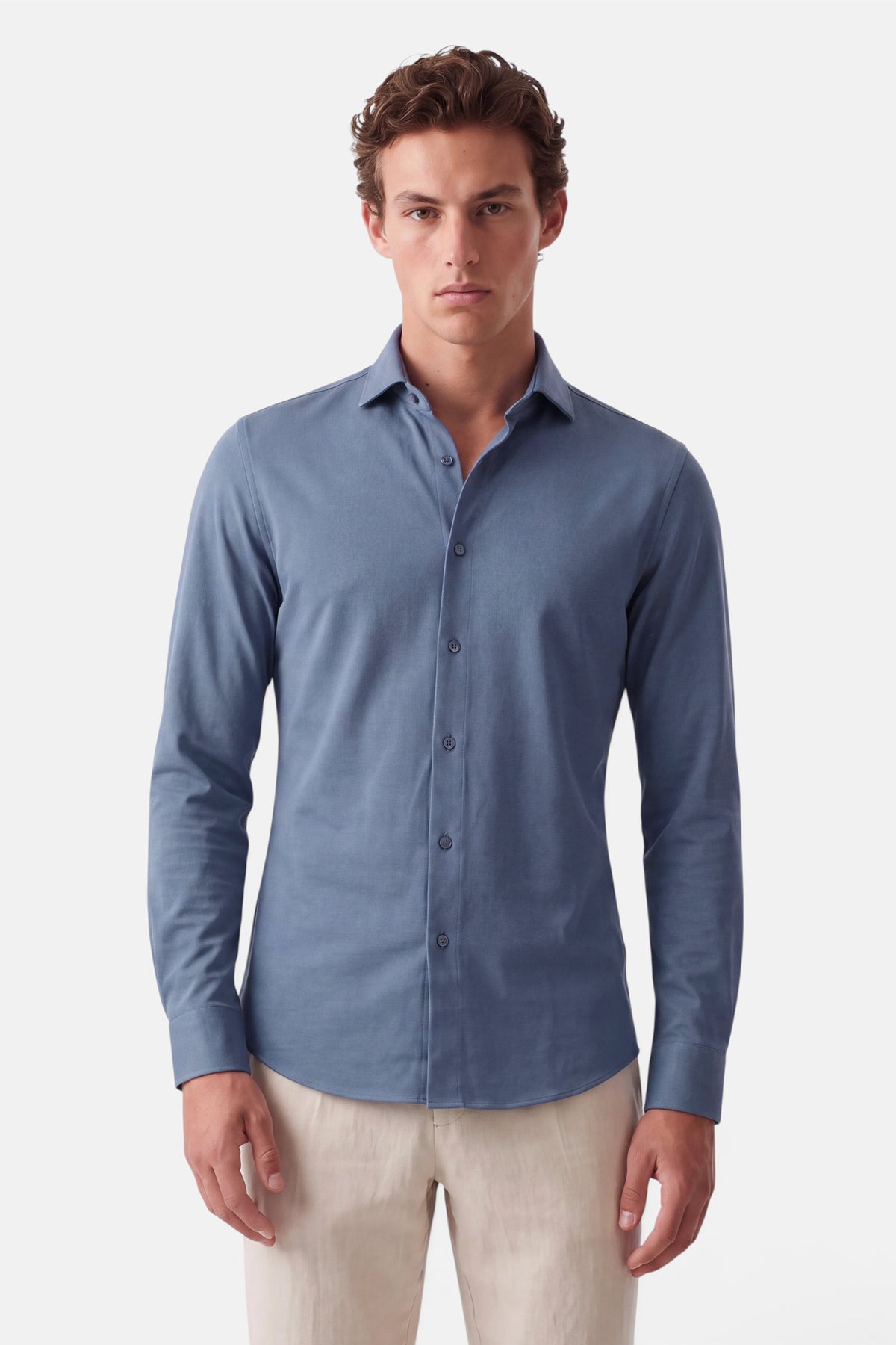 Vercate - Strijkvrij Overhemd - Japanese Knitted - Piqué Katoen - Blauw - Slim Fit - Lange Mouw - Heren