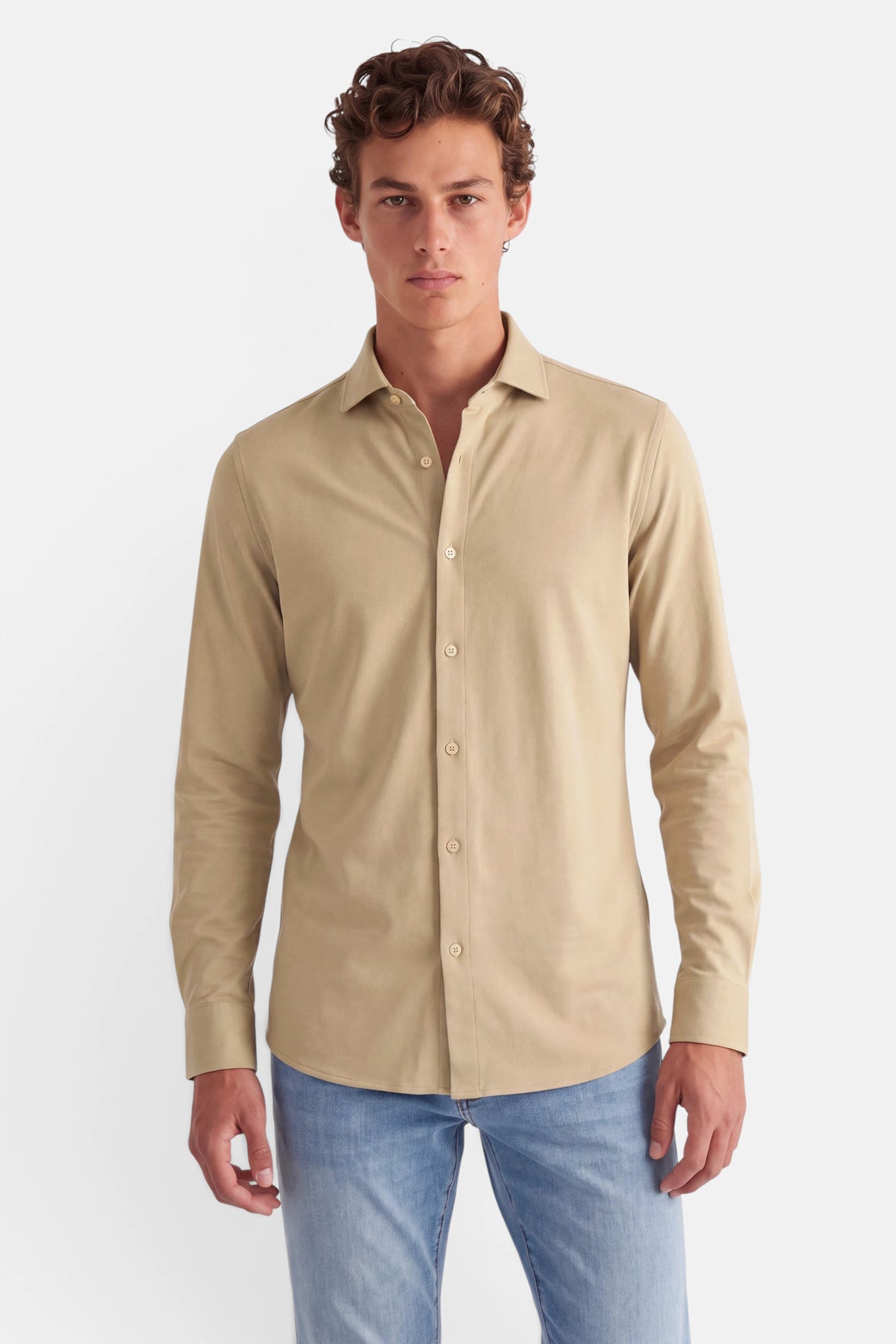 Vercate - Strijkvrij Overhemd - Japanese Knitted - Piqué Katoen - Beige / Lichtbruin - Slim Fit - Lange Mouw - Heren