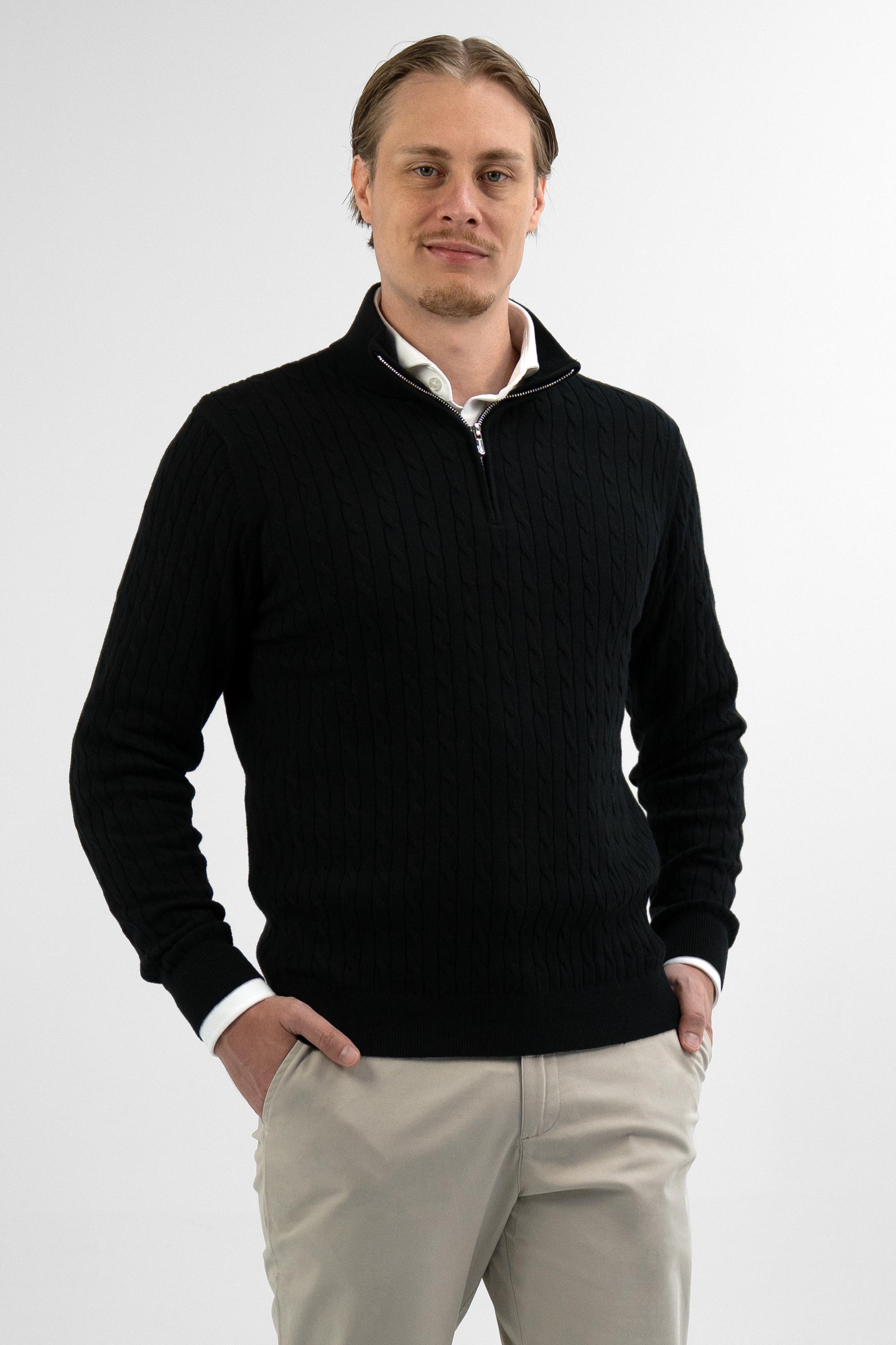 Vercate - Quarter Zip / Half Zip Trui - Cashmere / Kasjmier Blend - Kabeltrui / Pullover - Regular Fit - Zwart