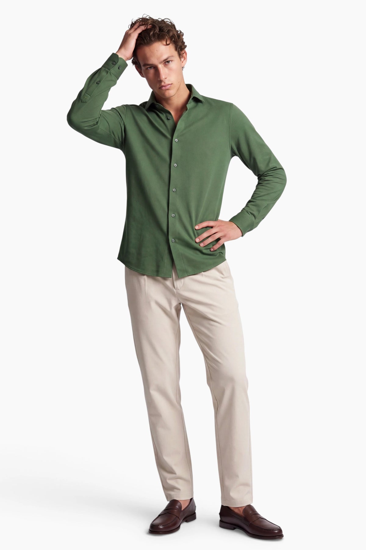 Vercate - Strijkvrij Overhemd - Japanese Knitted - Piqué Katoen - Groen - Slim Fit - Lange Mouw - Heren