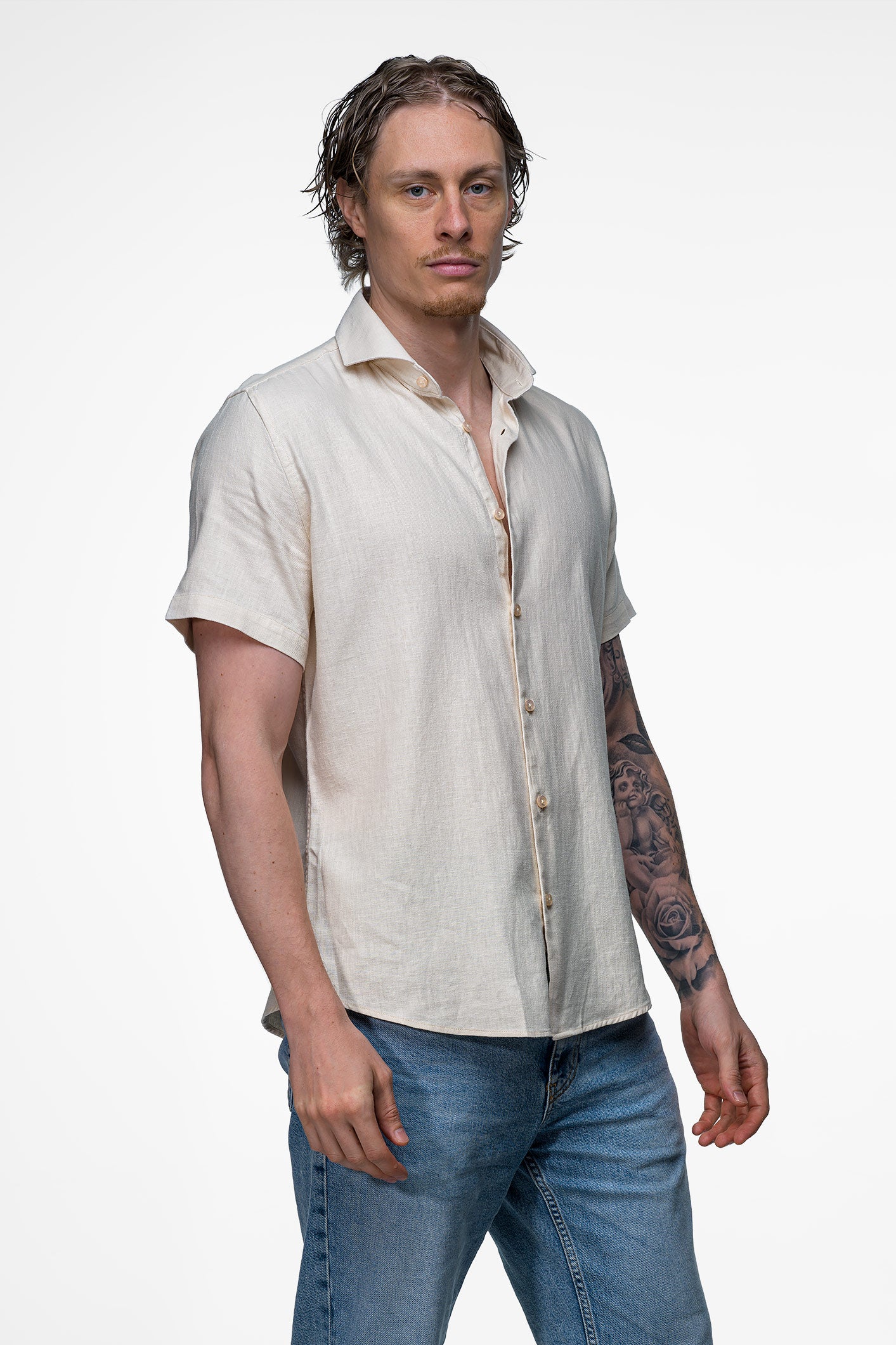 Vercate - Linnen Overhemd - Korte Mouwen - Slim Fit - Heren - Beige