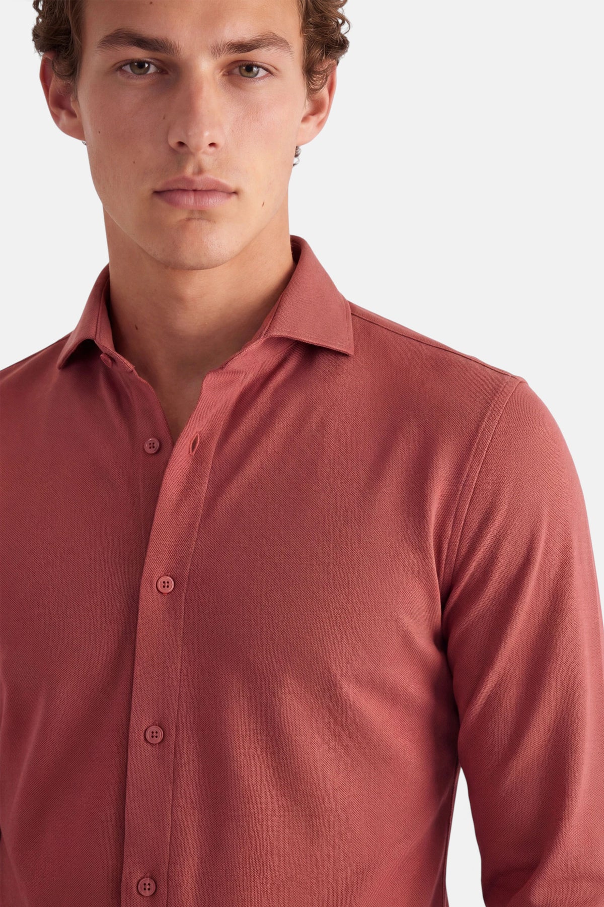 Vercate - Strijkvrij Overhemd - Japanese Knitted - Piqué Katoen - Rood - Slim Fit - Lange Mouw - Heren