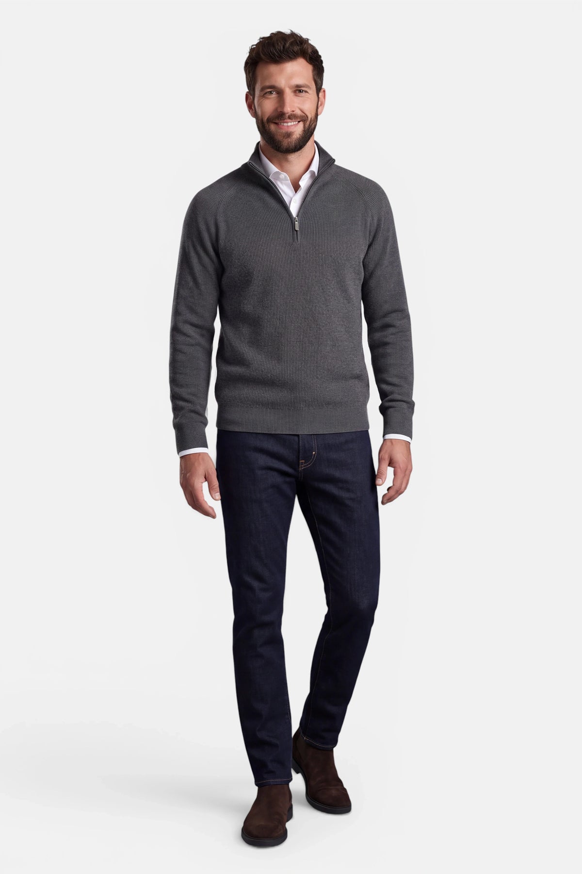 Vercate - Quarter Zip / Half Zip Trui Heren - Donkergrijs - Cashmere Blend - Ribpatroon - Regular Fit