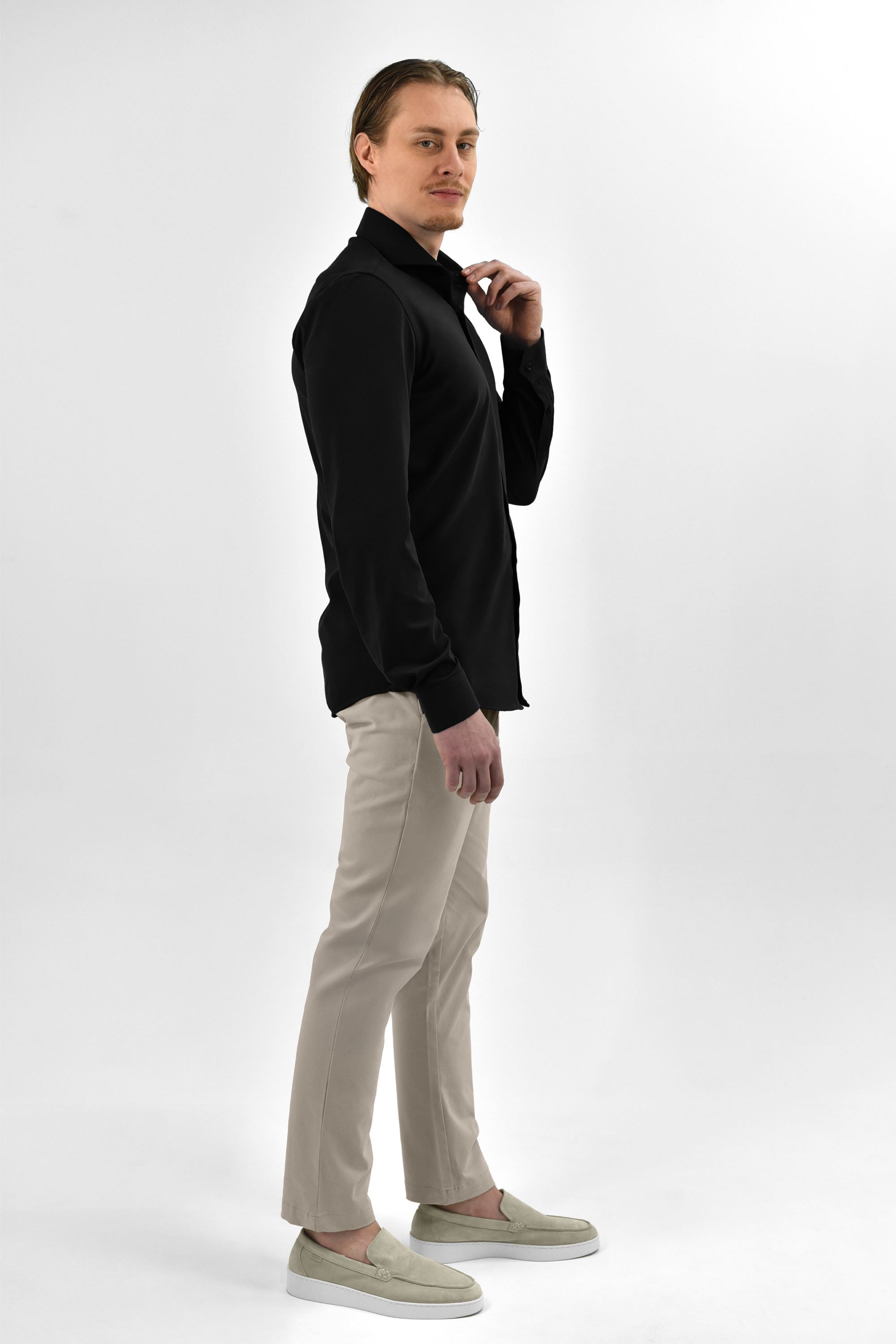 Vercate - Strijkvrij Overhemd - Japanese Knitted - Piqué Katoen - Zwart - Slim Fit - Lange Mouw - Heren
