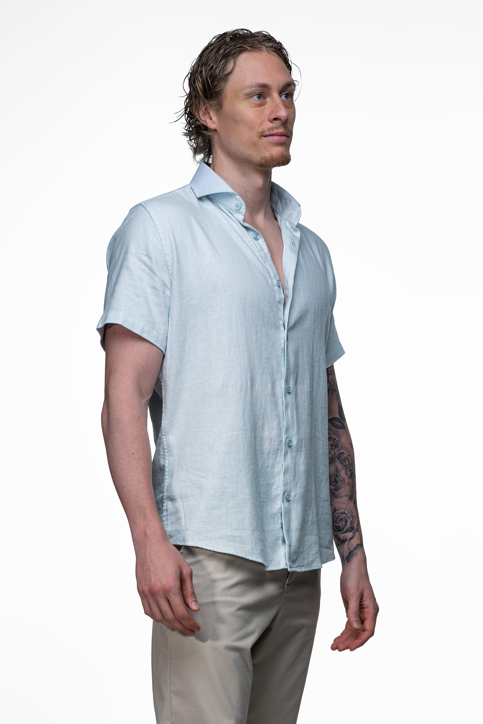 Vercate - Linnen Overhemd - Korte Mouwen - Slim Fit - Heren - Lichtblauw / Blauw