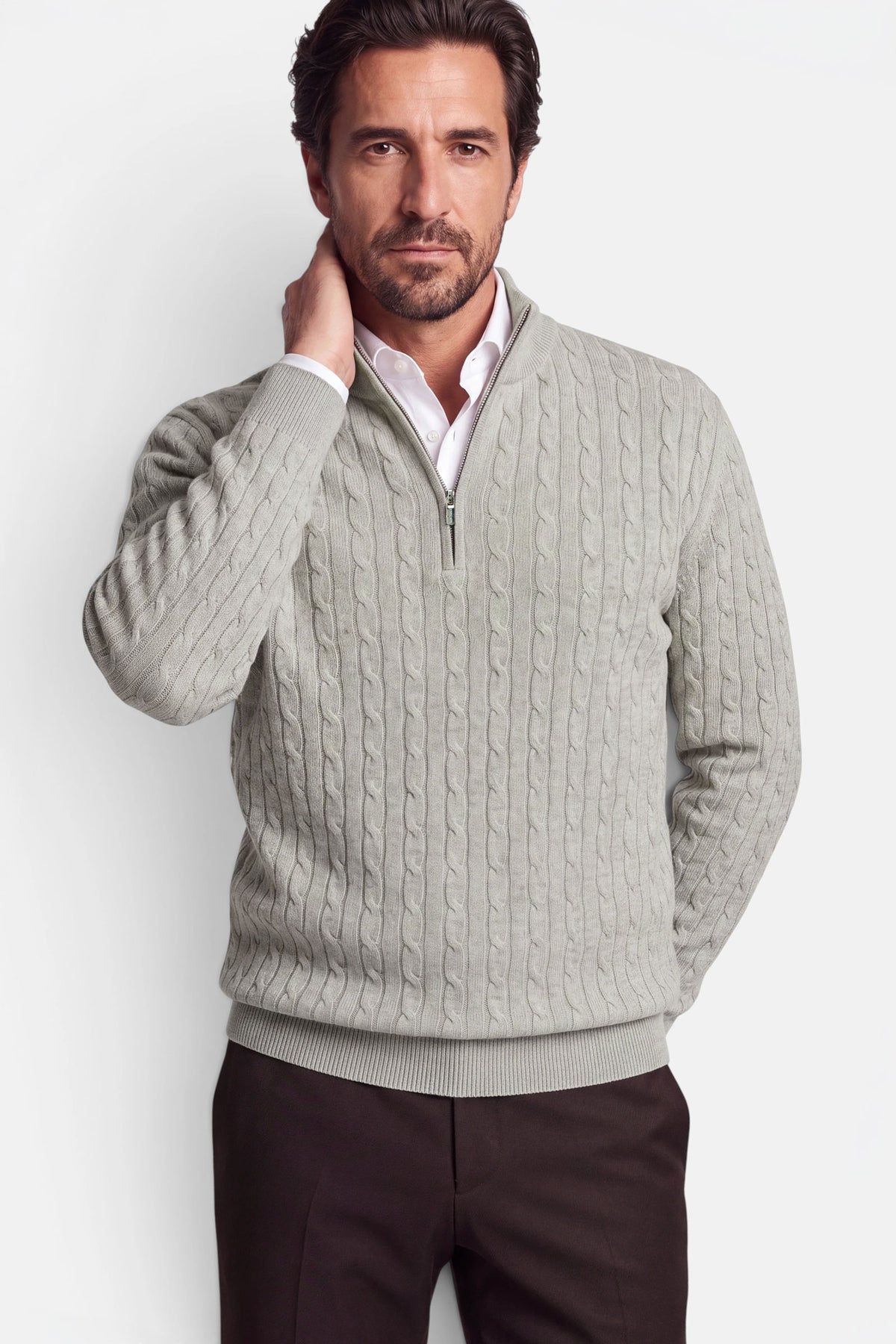Vercate - Quarter Zip / Half Zip Trui Heren - Greige / Grijsbeige - Cashmere Blend - Kabeltrui / Pullover - Regular Fit