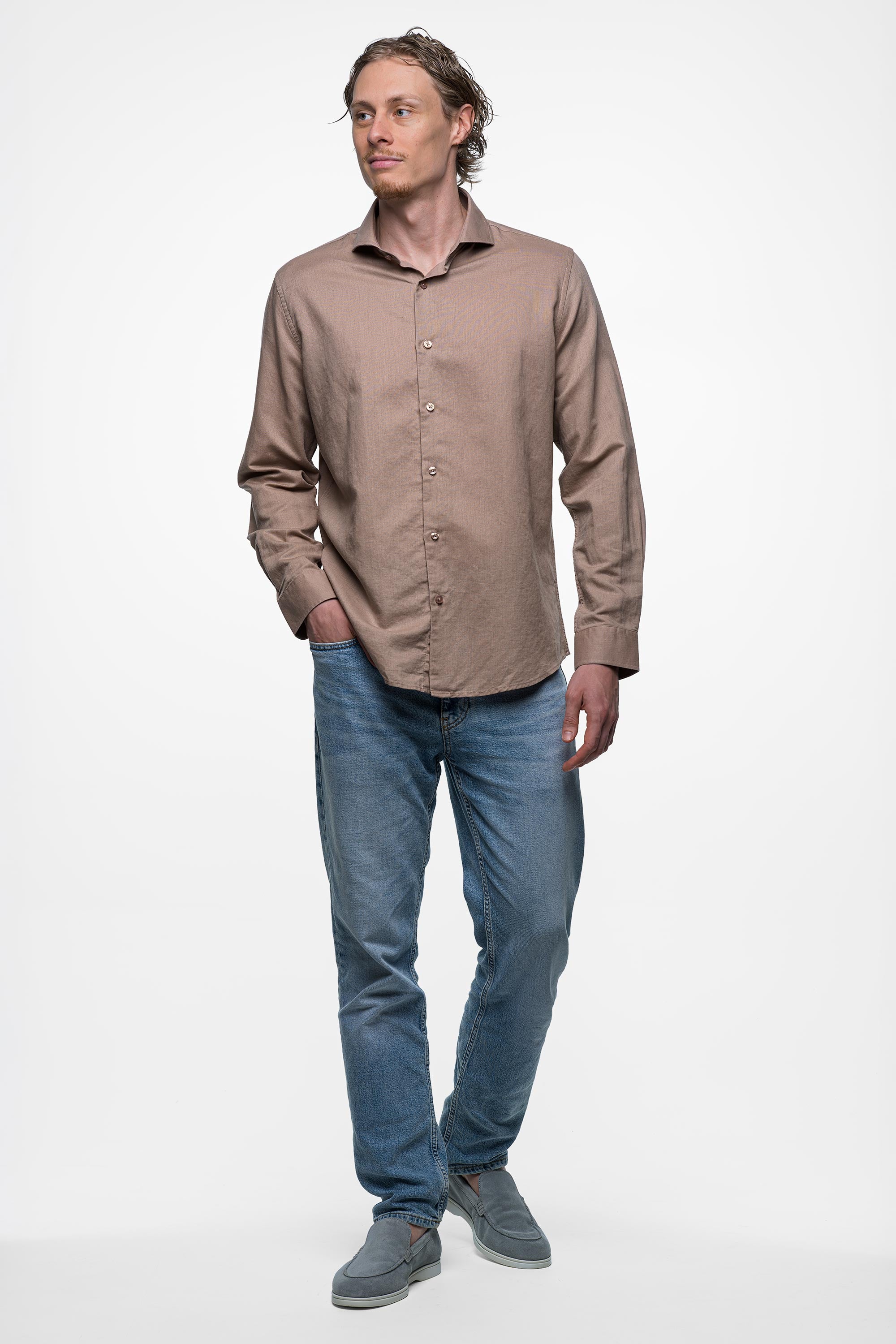 Vercate - Heren Lange Mouwen Overhemd - Bruin / Beige / Khaki - Slim-Fit - Linnen Katoen